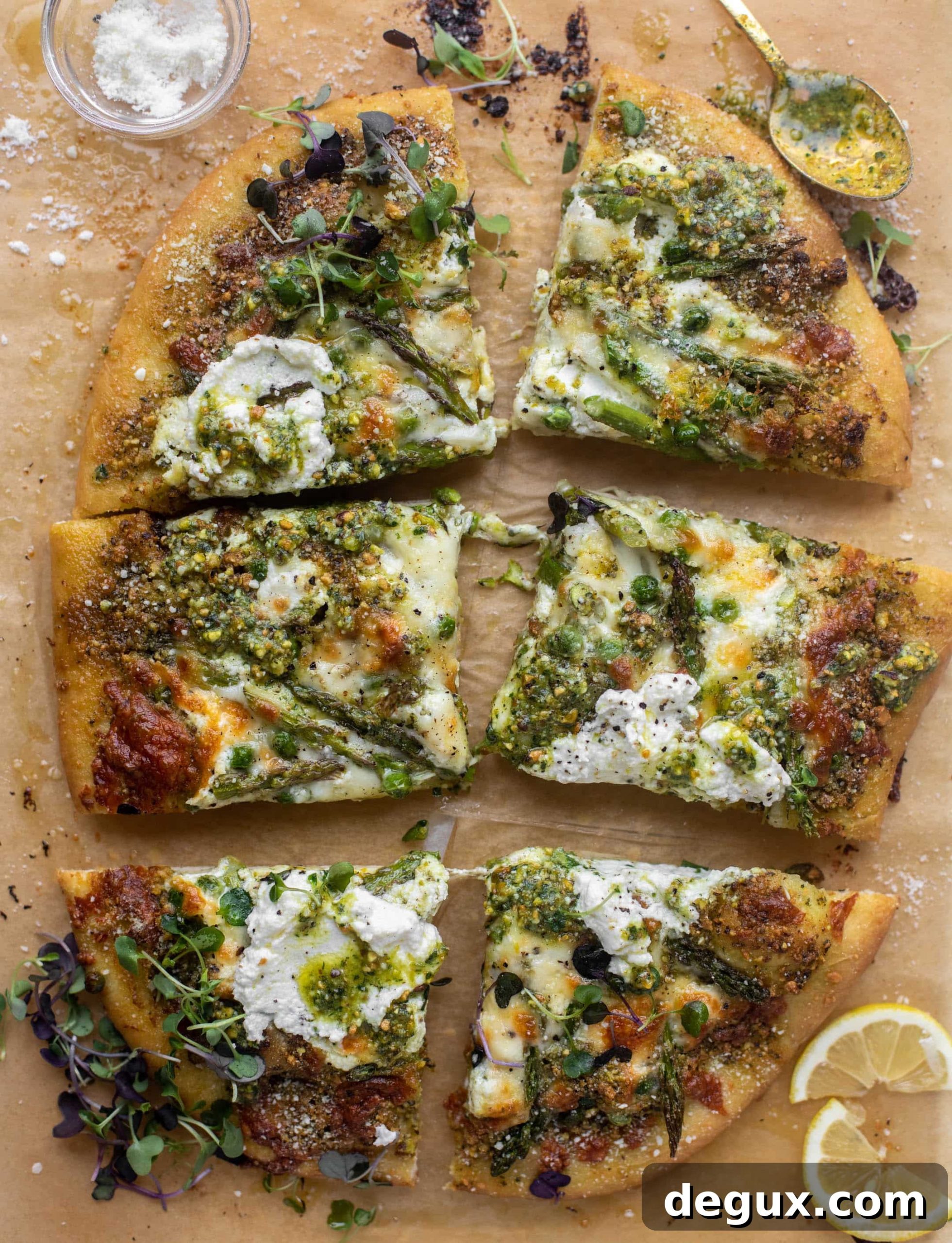 spring pistachio pesto pizza