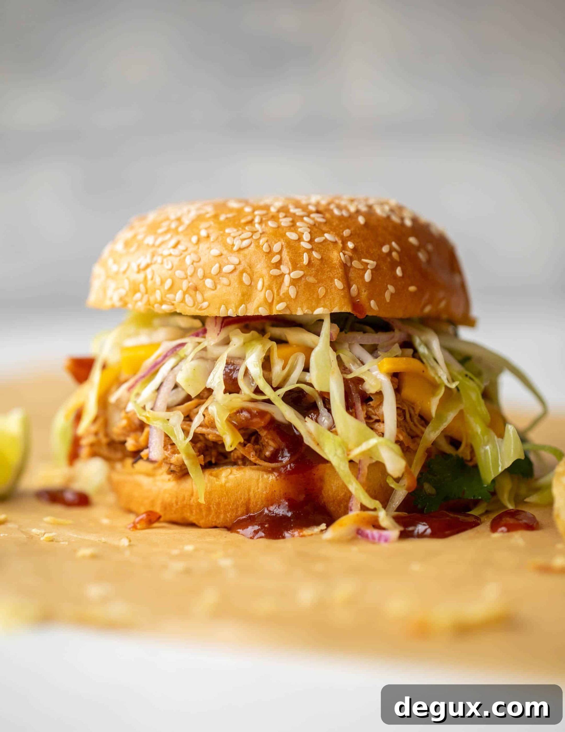 Pulled chicken sandwich with mango slaw