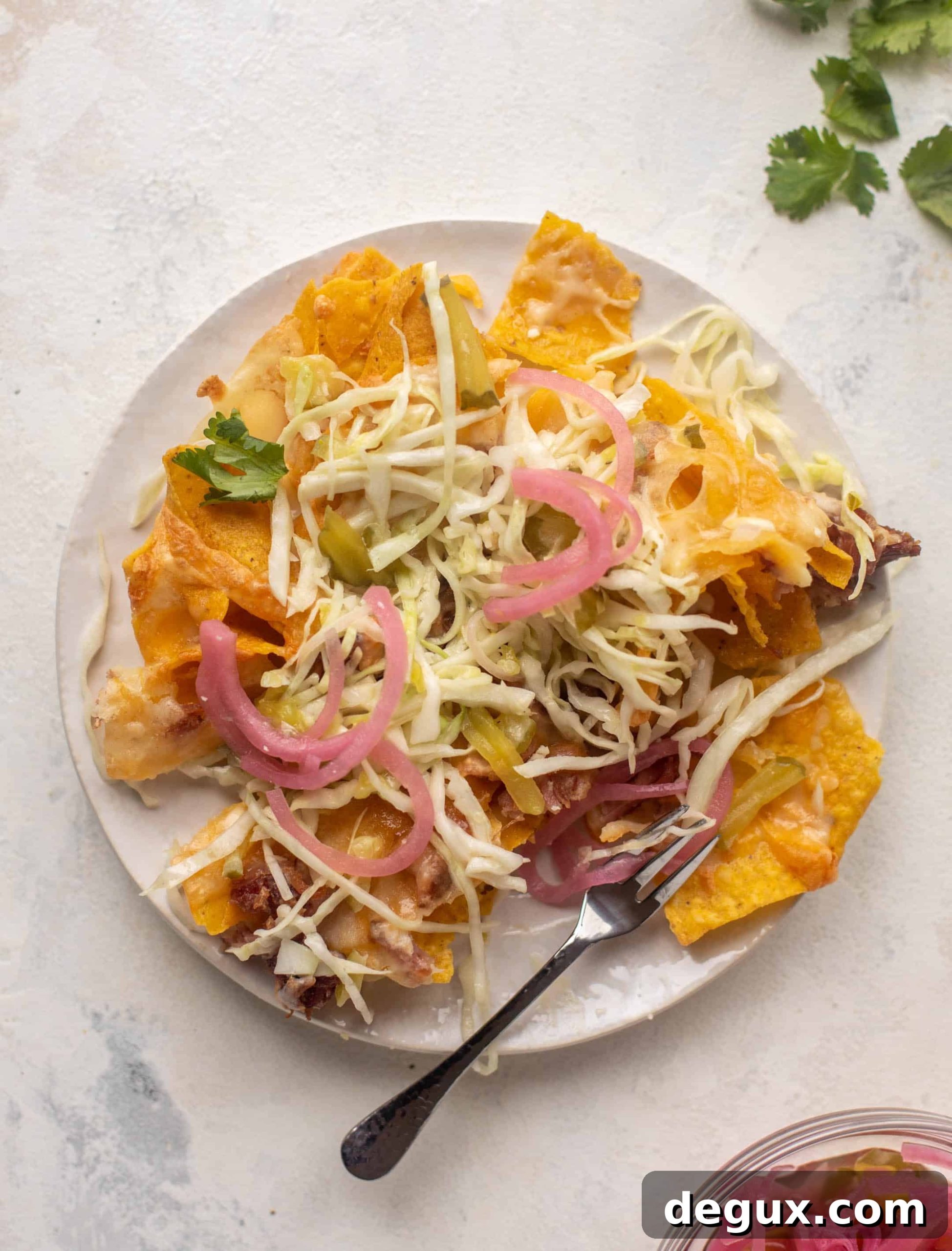 pulled pork nachos with pickle slaw