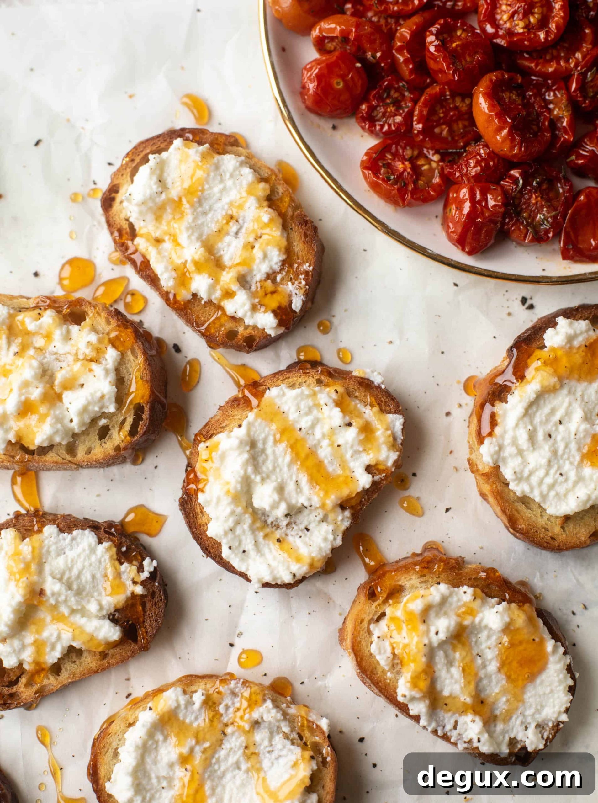 slow roasted hot honey tomato crostini