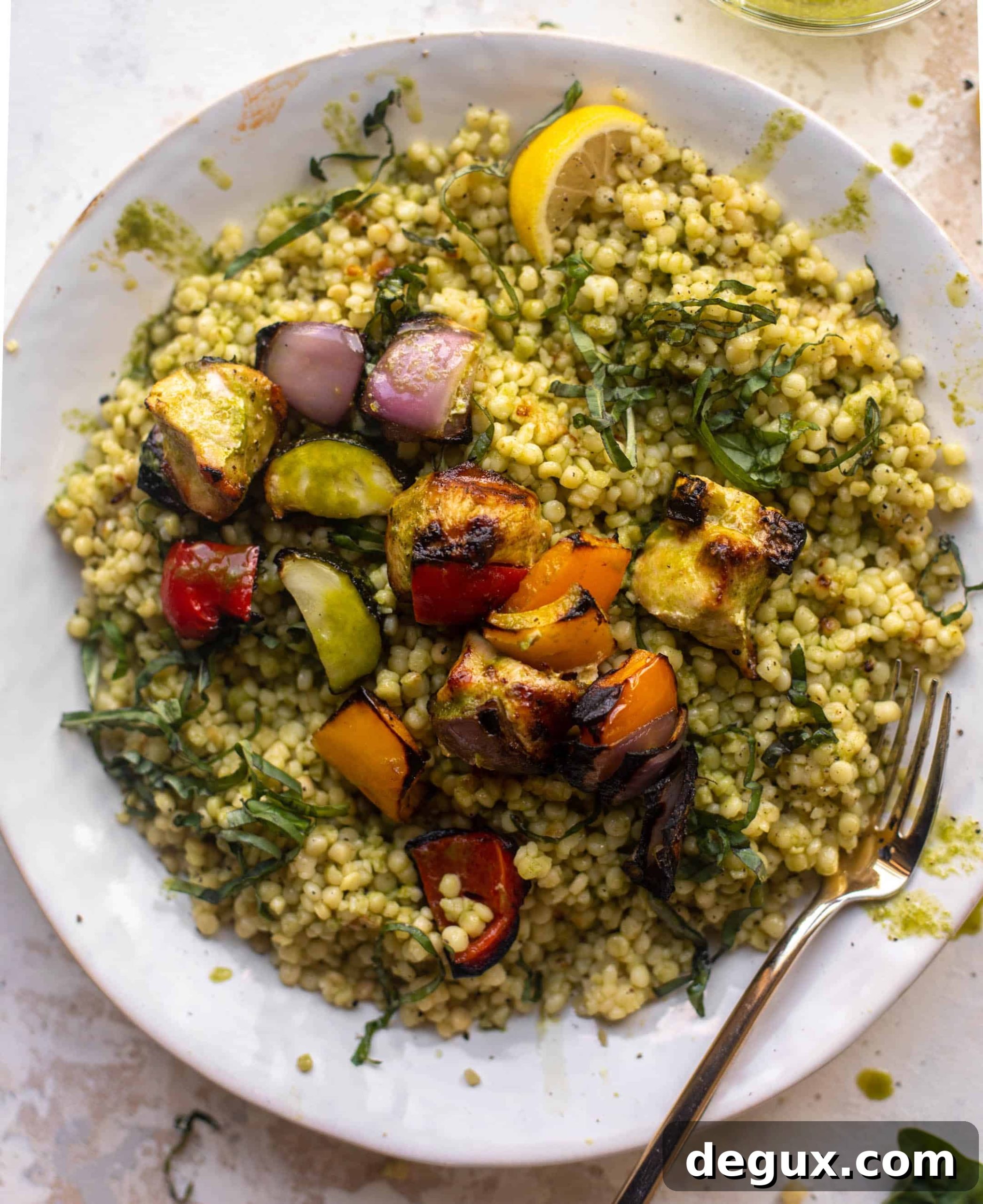 summer chicken skewers with basil couscous