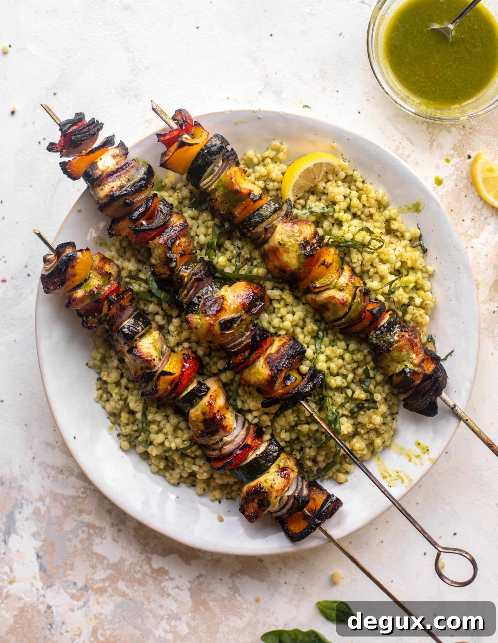 summer chicken skewers with basil couscous