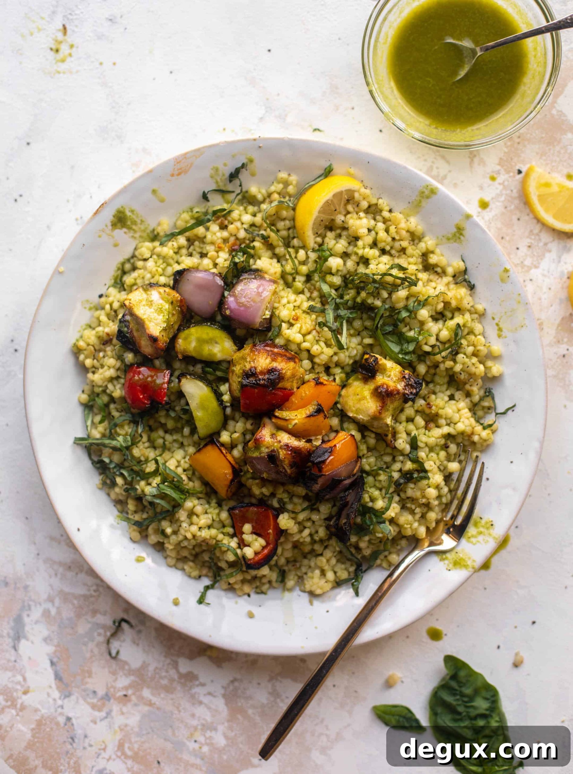 summer chicken skewers with basil couscous