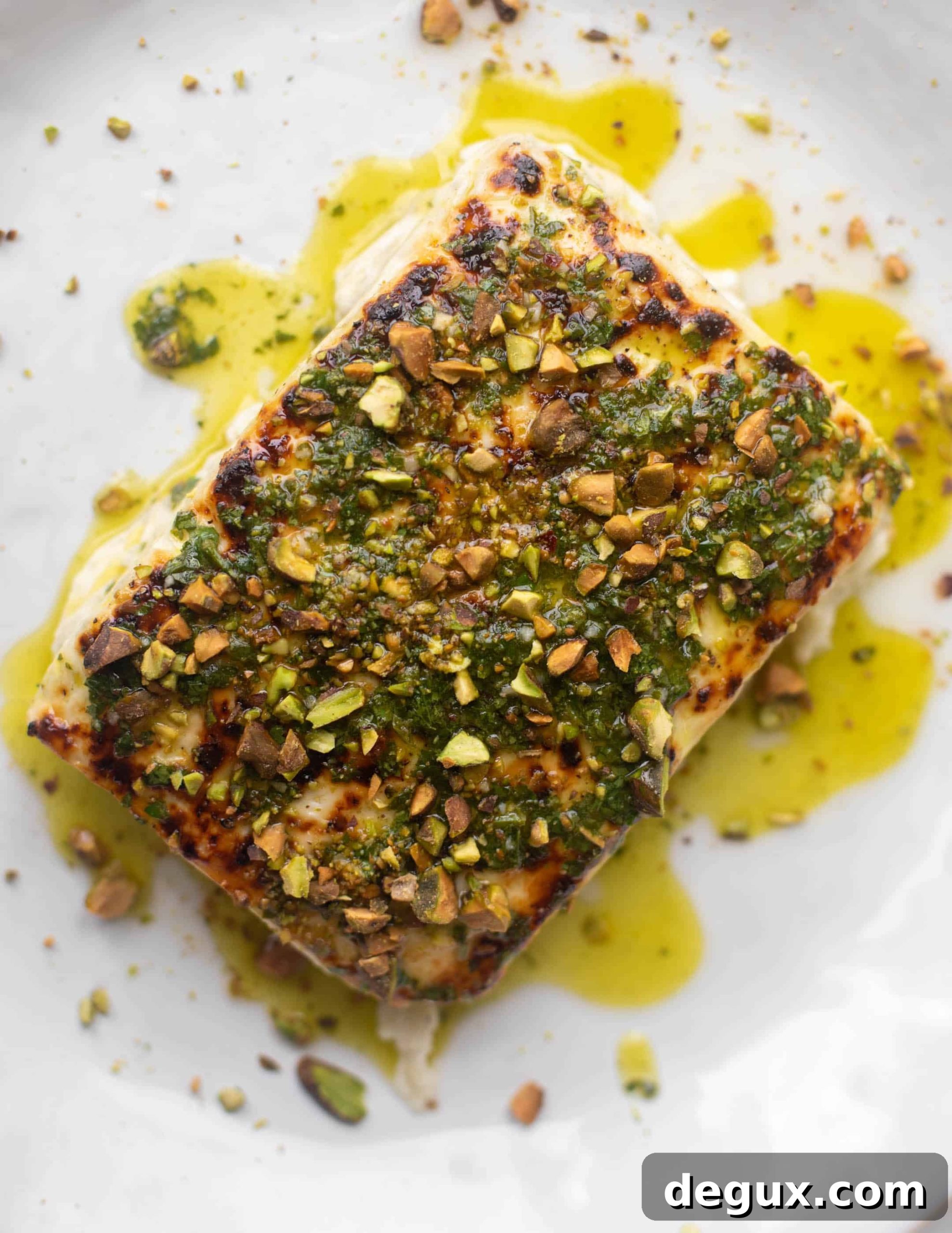 grilled feta with pistachios and chimichurri