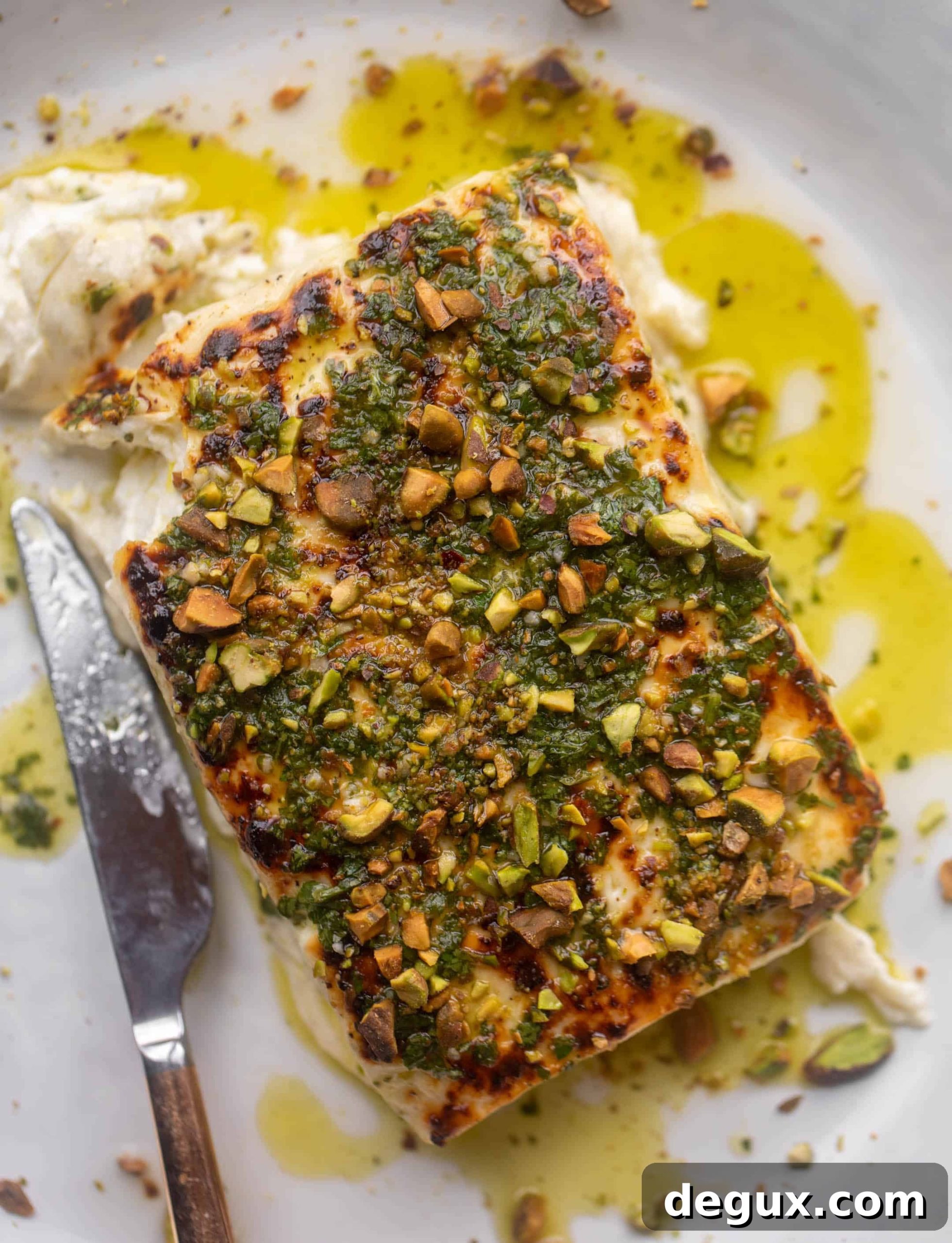 grilled feta with pistachios and chimichurri