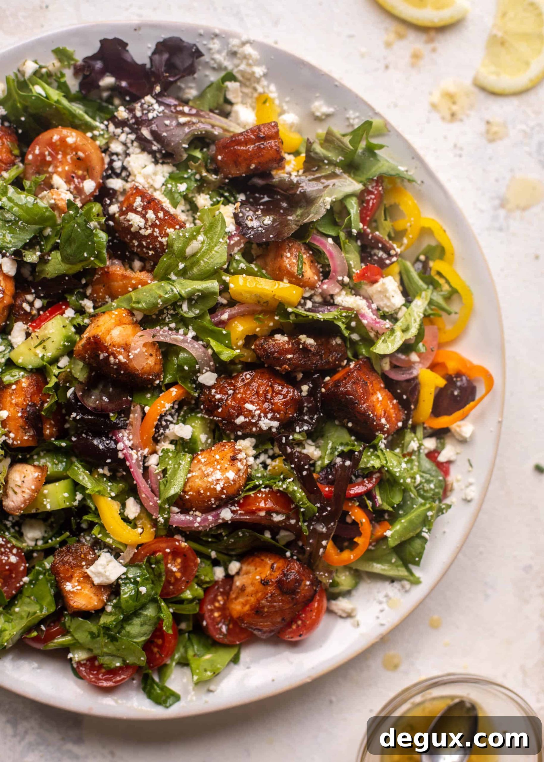 crispy lemon salmon greek salad