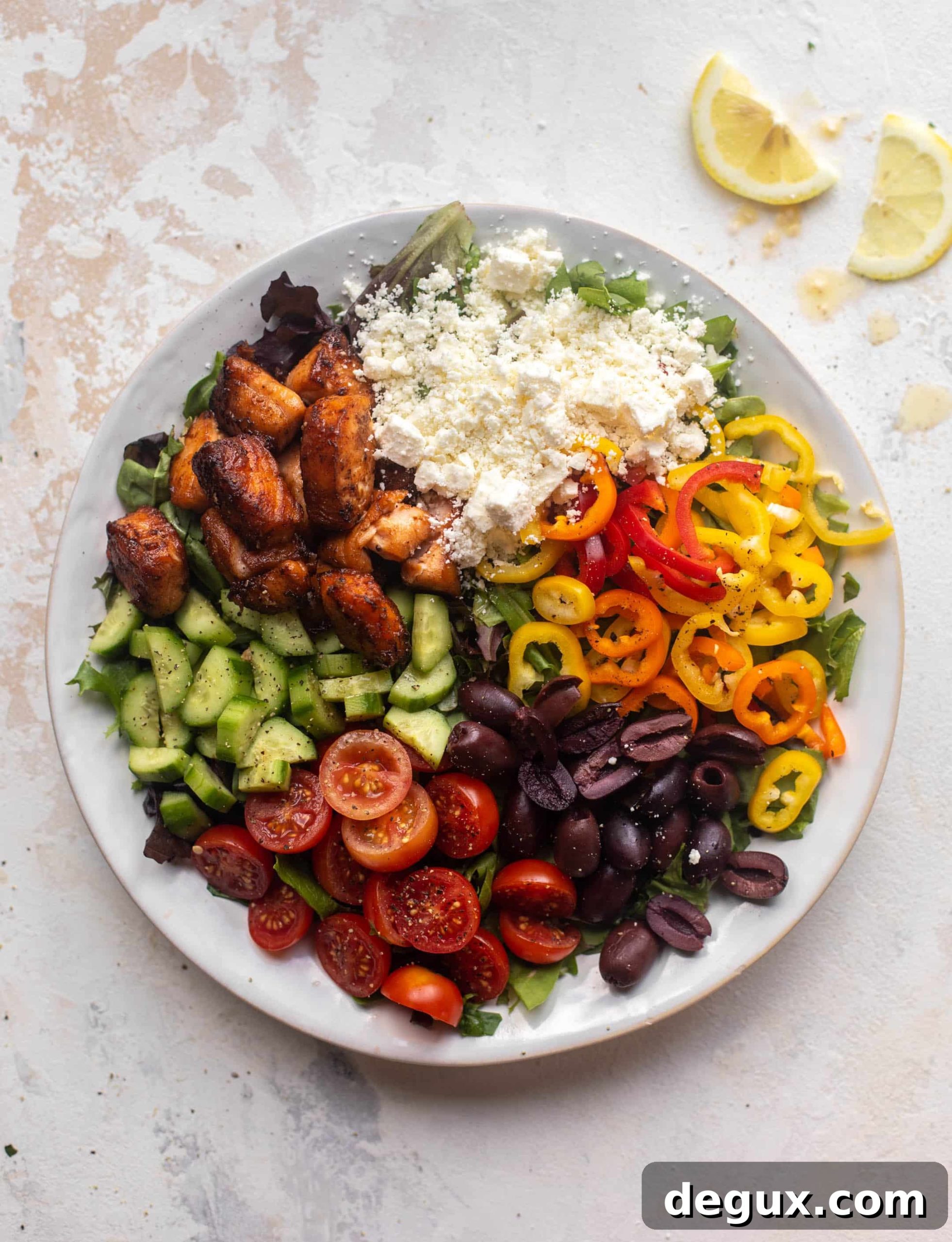 crispy lemon salmon greek salad