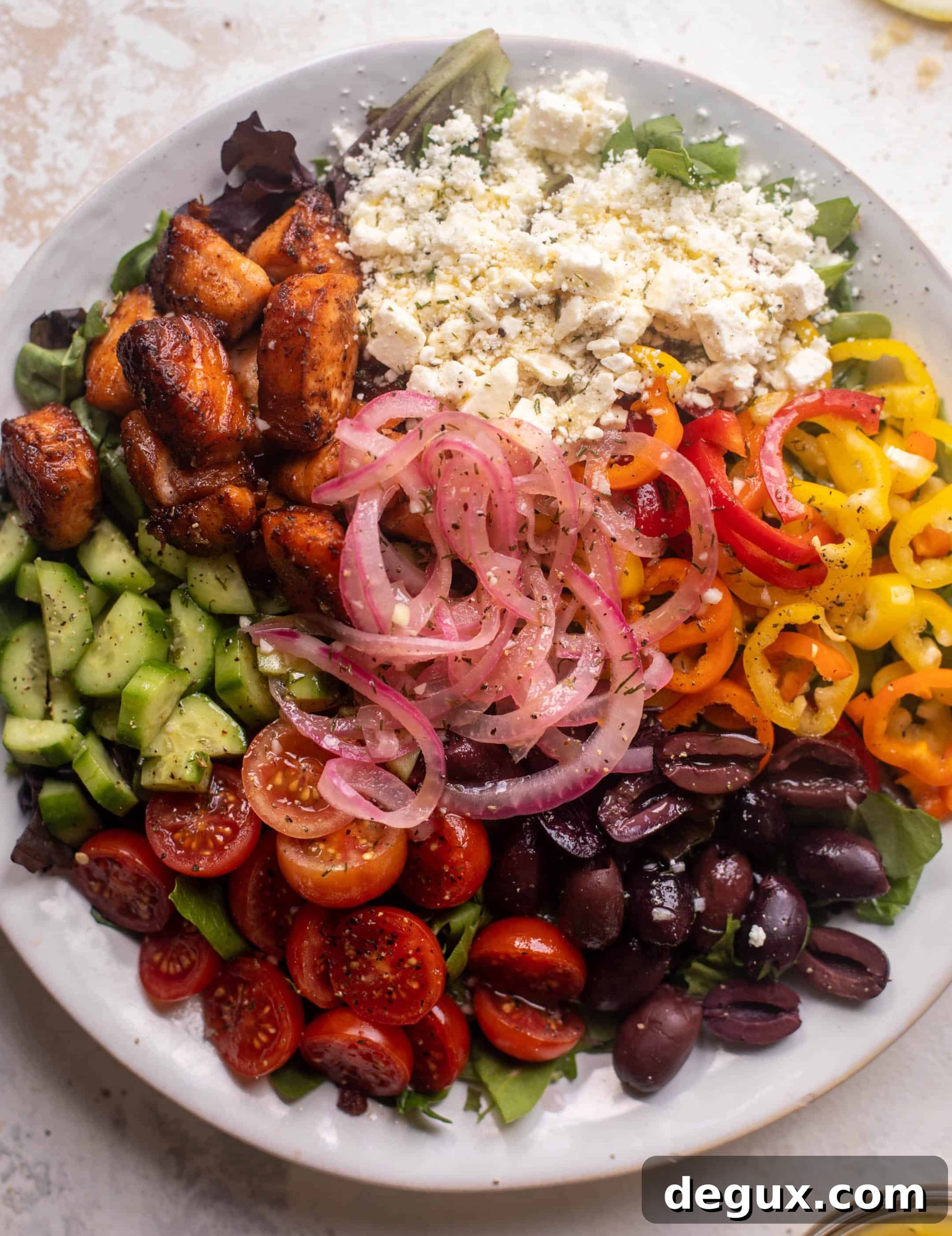 crispy lemon salmon greek salad
