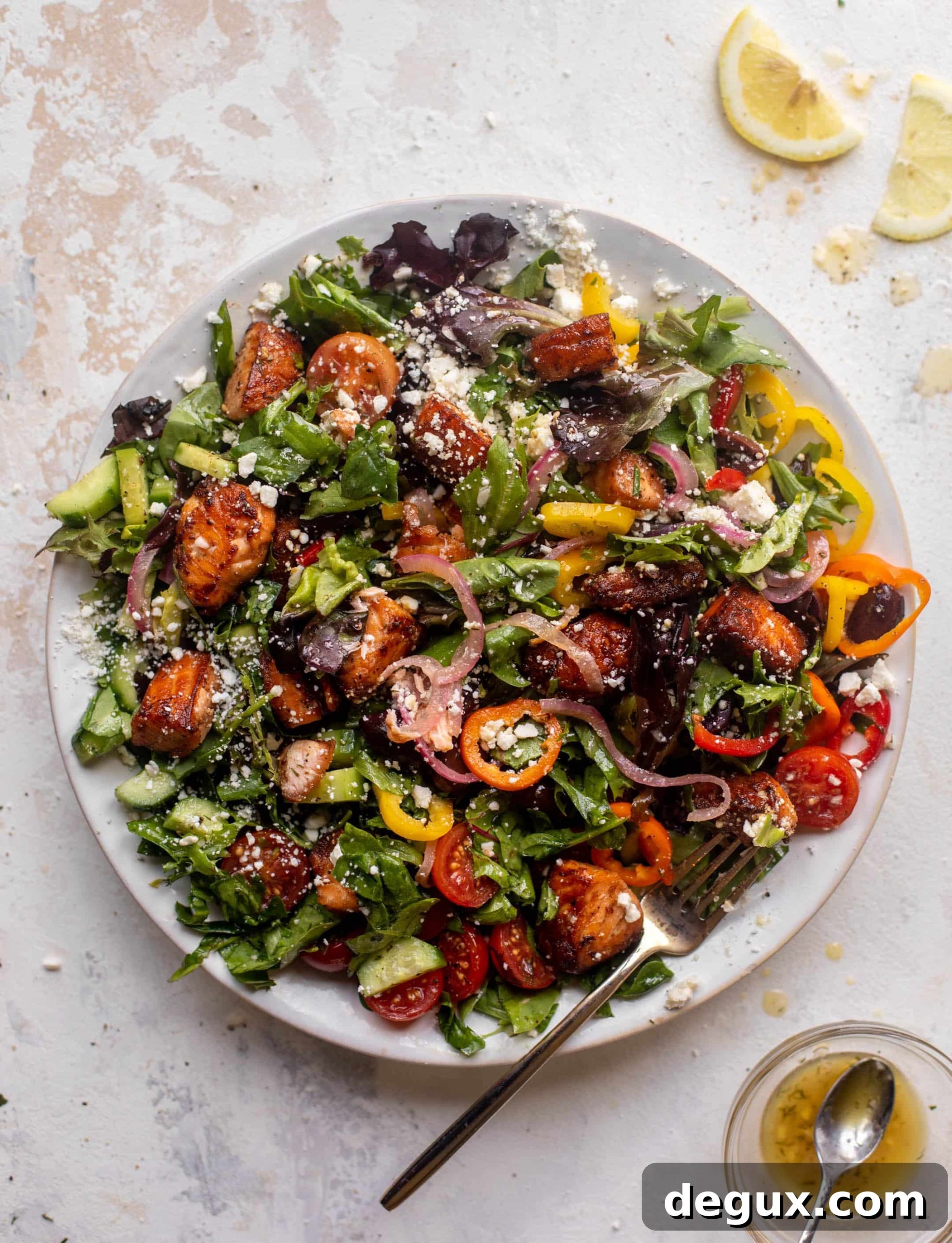 crispy lemon salmon greek salad