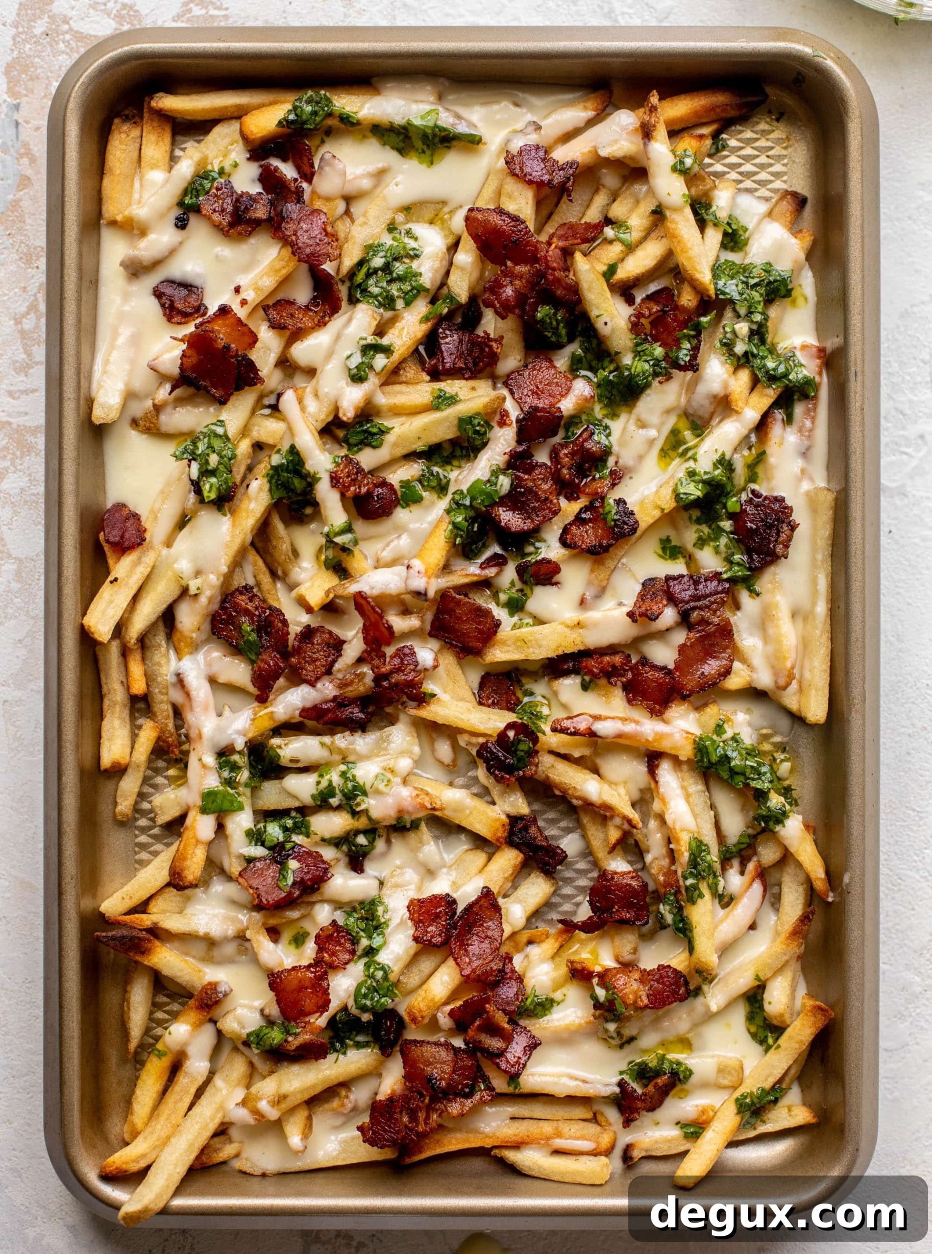 chimichurri cheese fries with chipotle bacon