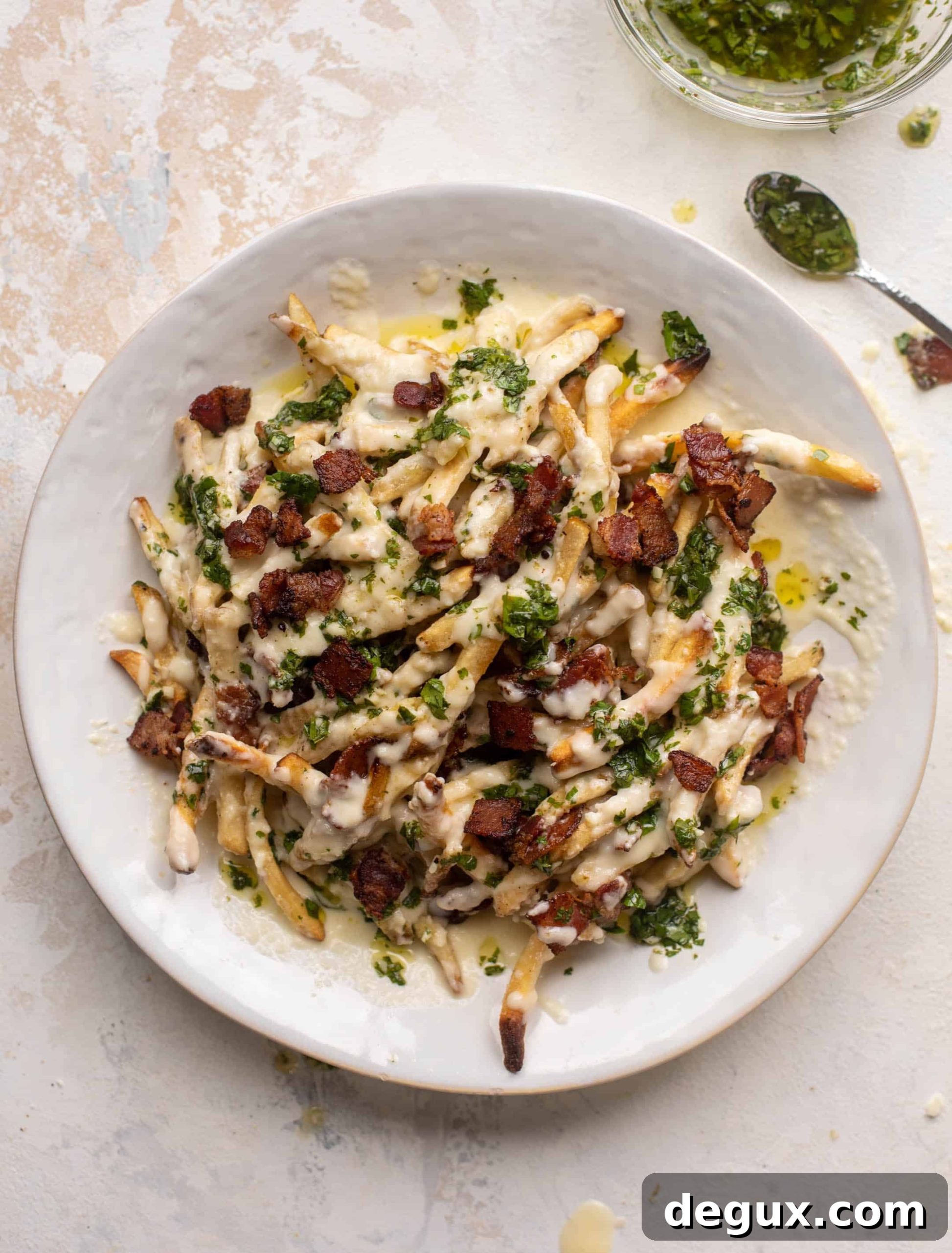 chimichurri cheese fries with chipotle bacon
