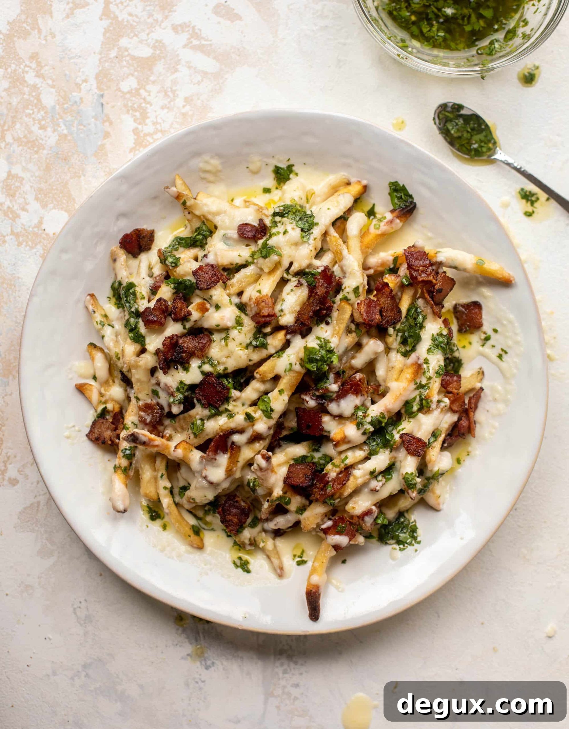 chimichurri cheese fries with chipotle bacon