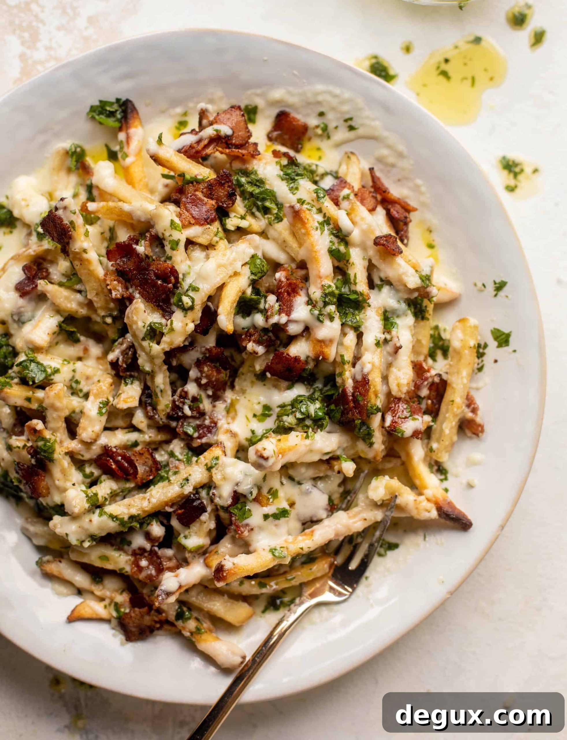 chimichurri cheese fries with chipotle bacon