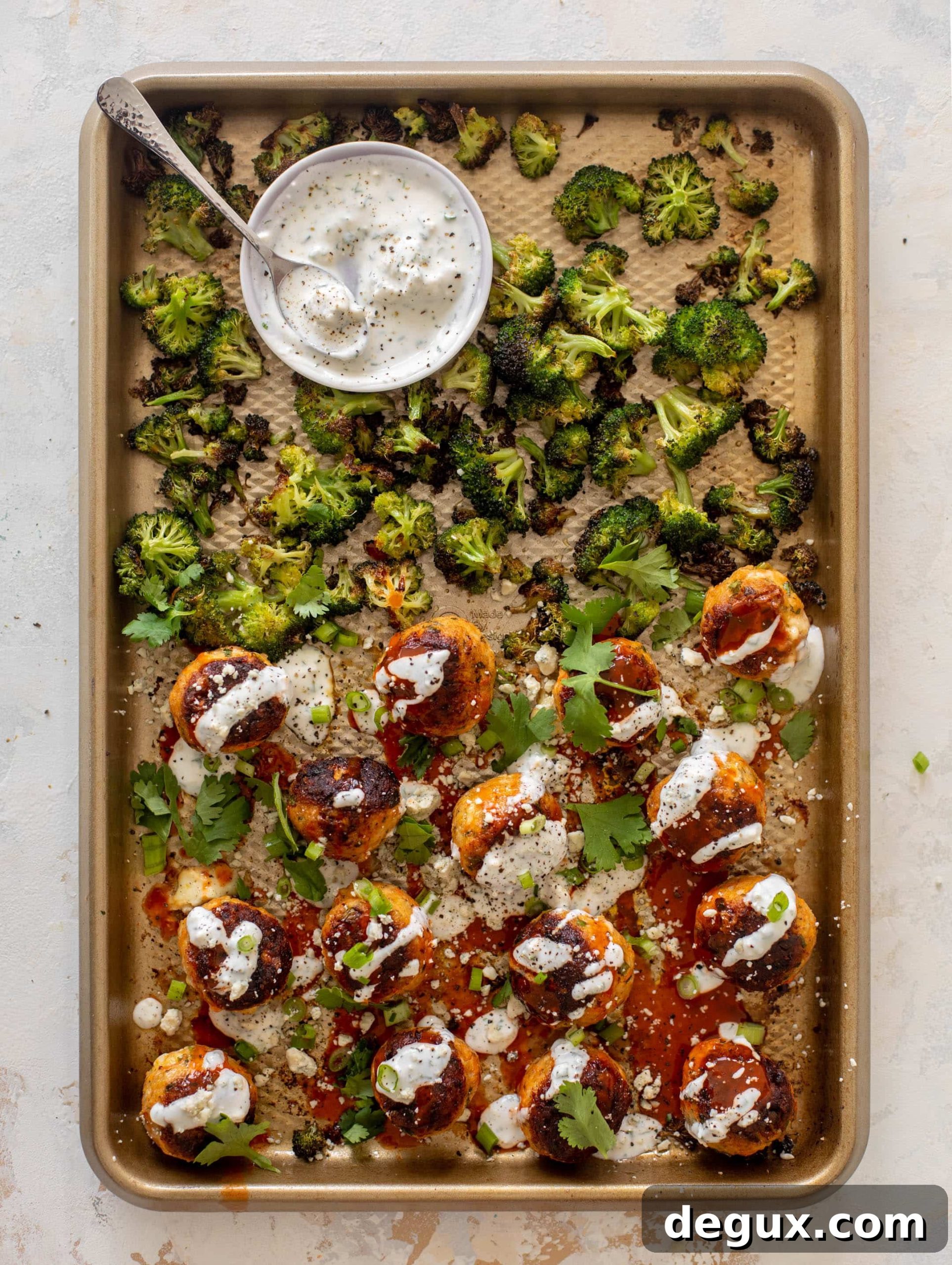 Sheet Pan Buffalo Chicken Meatballs with Roasted Broccoli 11 sheet pan buffalo chicken meatballs & broccoli