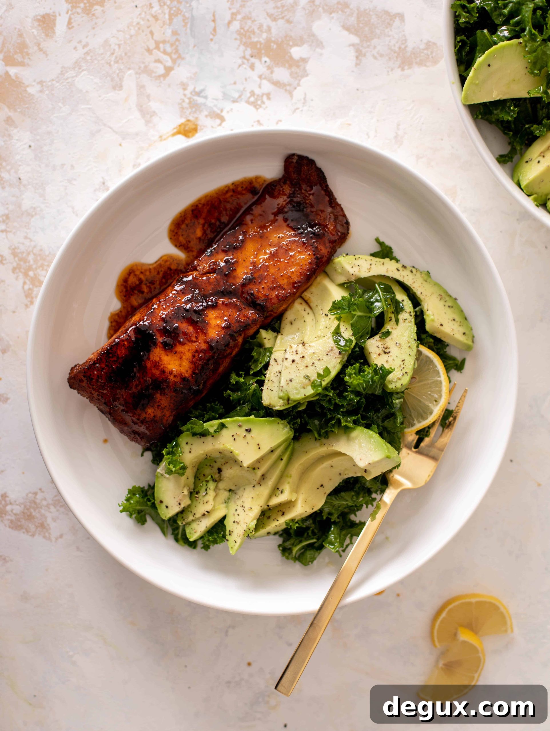 sticky salmon with avocado greens
