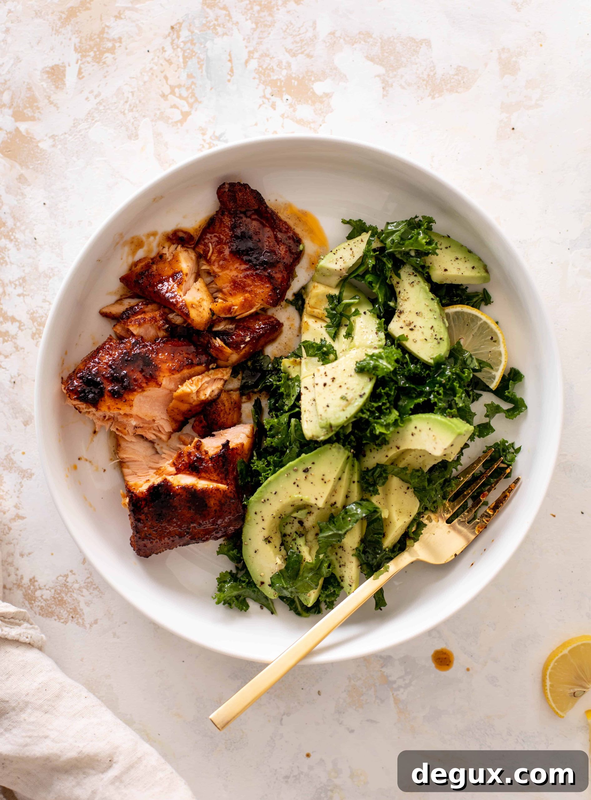 sticky salmon with avocado greens