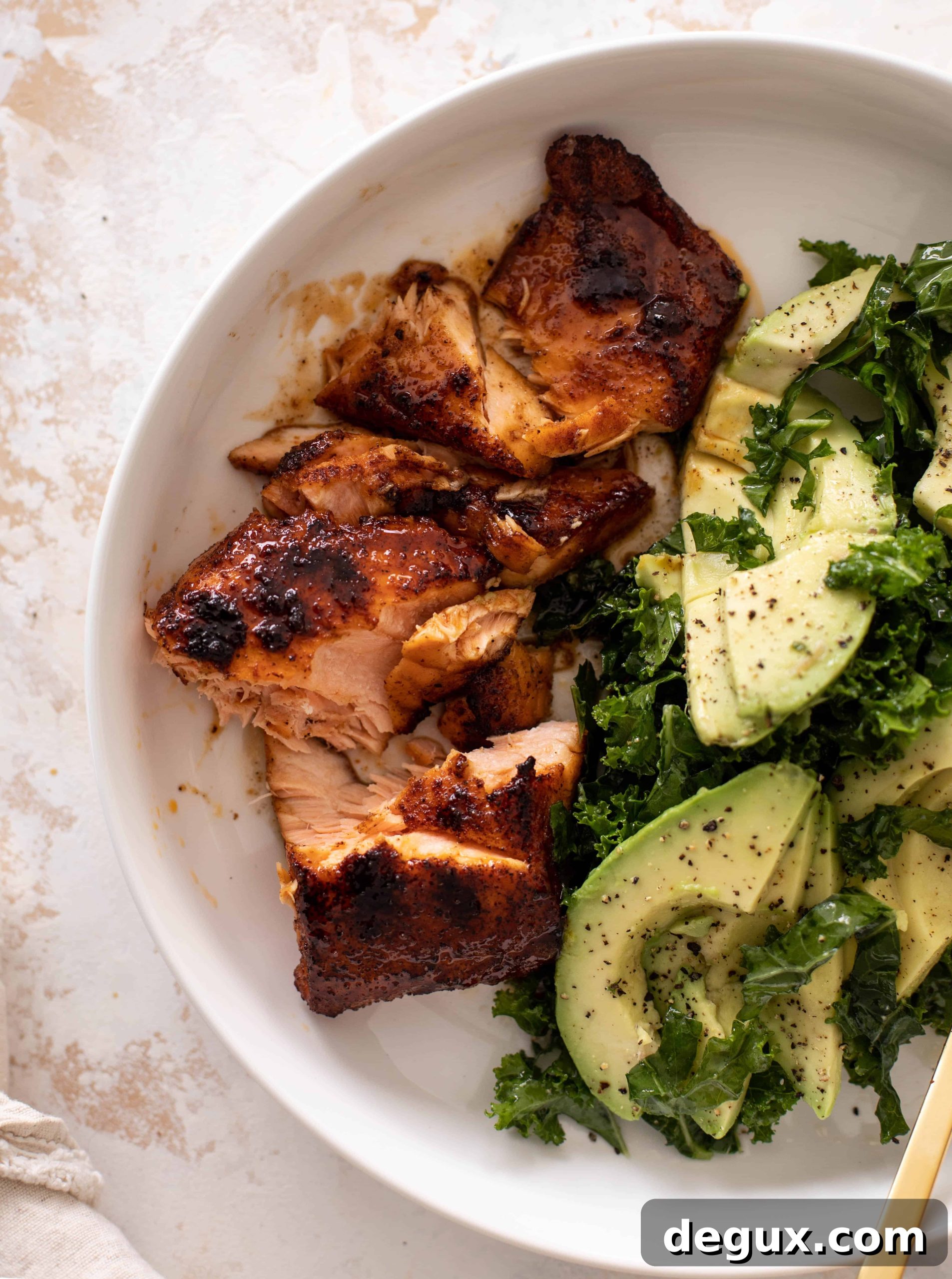 sticky salmon with avocado greens