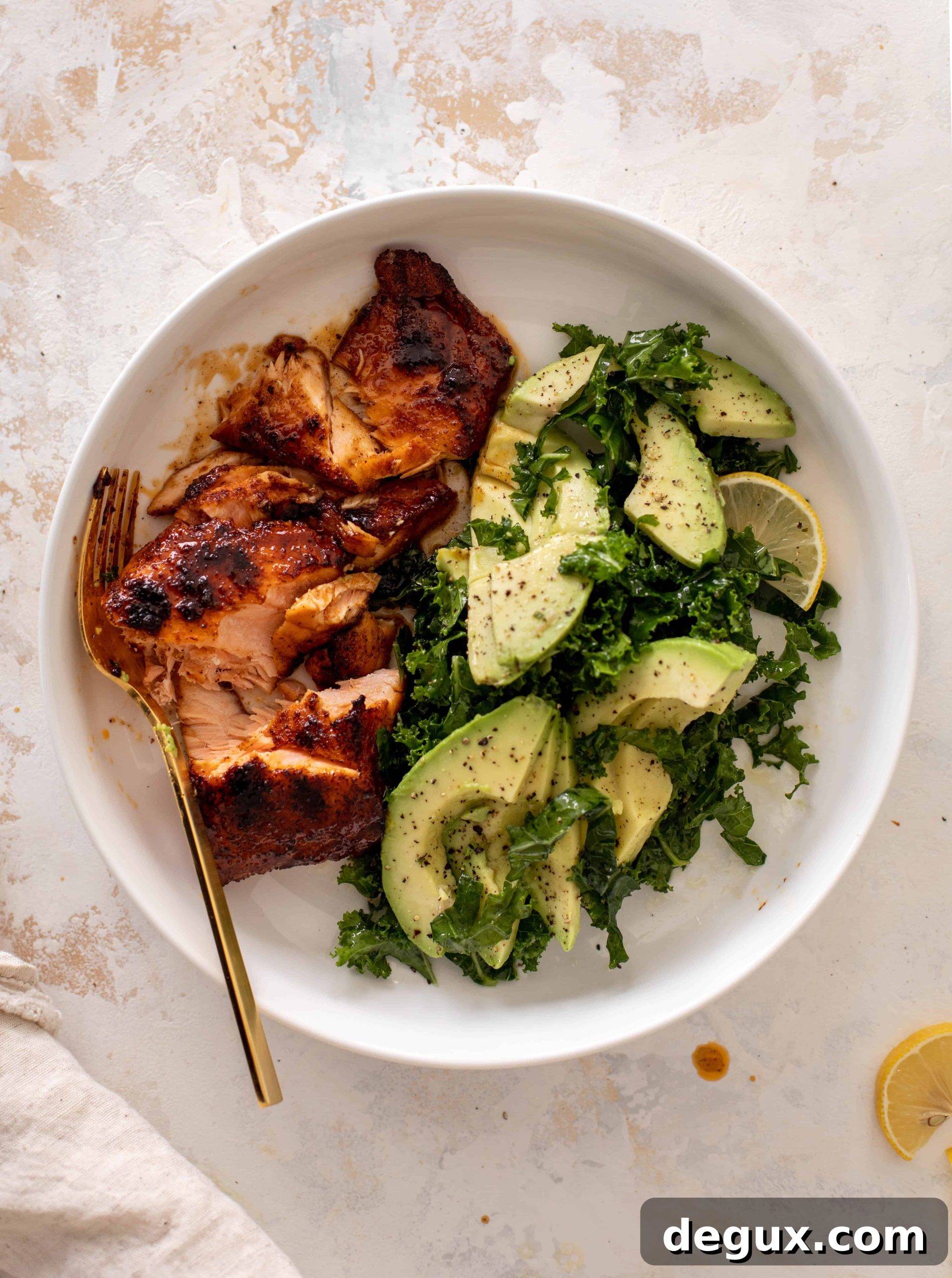 sticky salmon with avocado greens