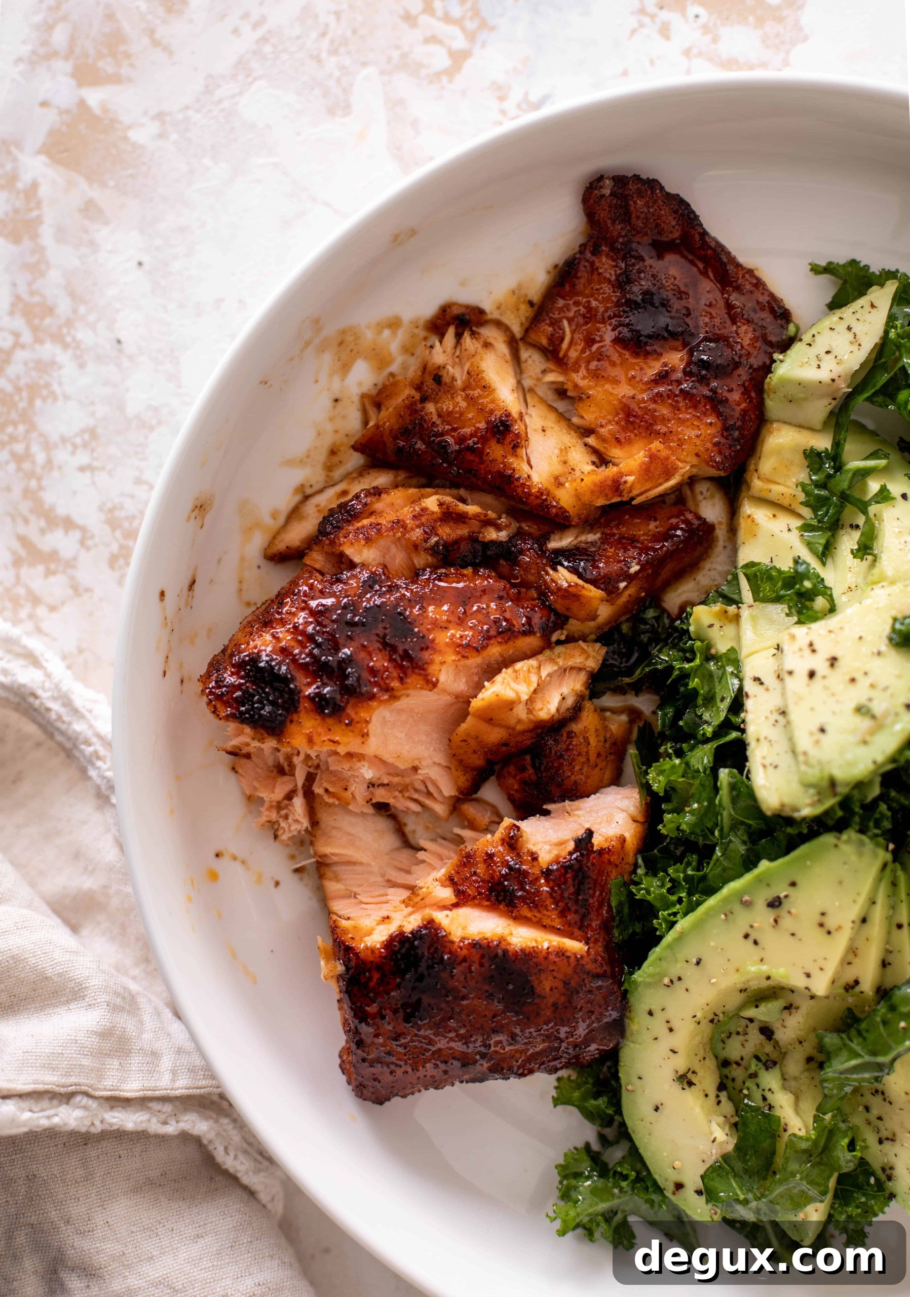 sticky salmon with avocado greens