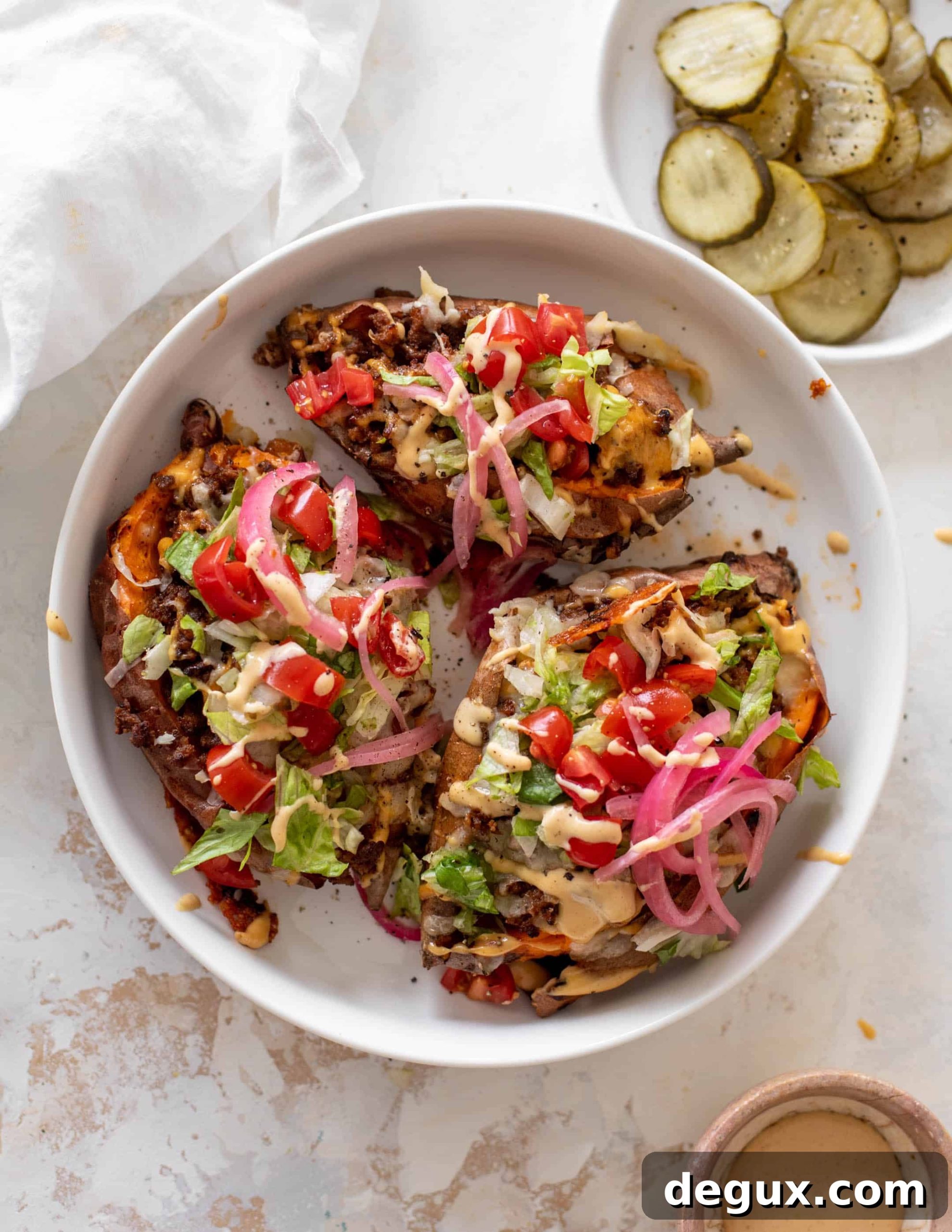 Cheeseburger-Stuffed Sweet Potatoes Recipe 6 cheeseburger stuffed sweet potatoes
