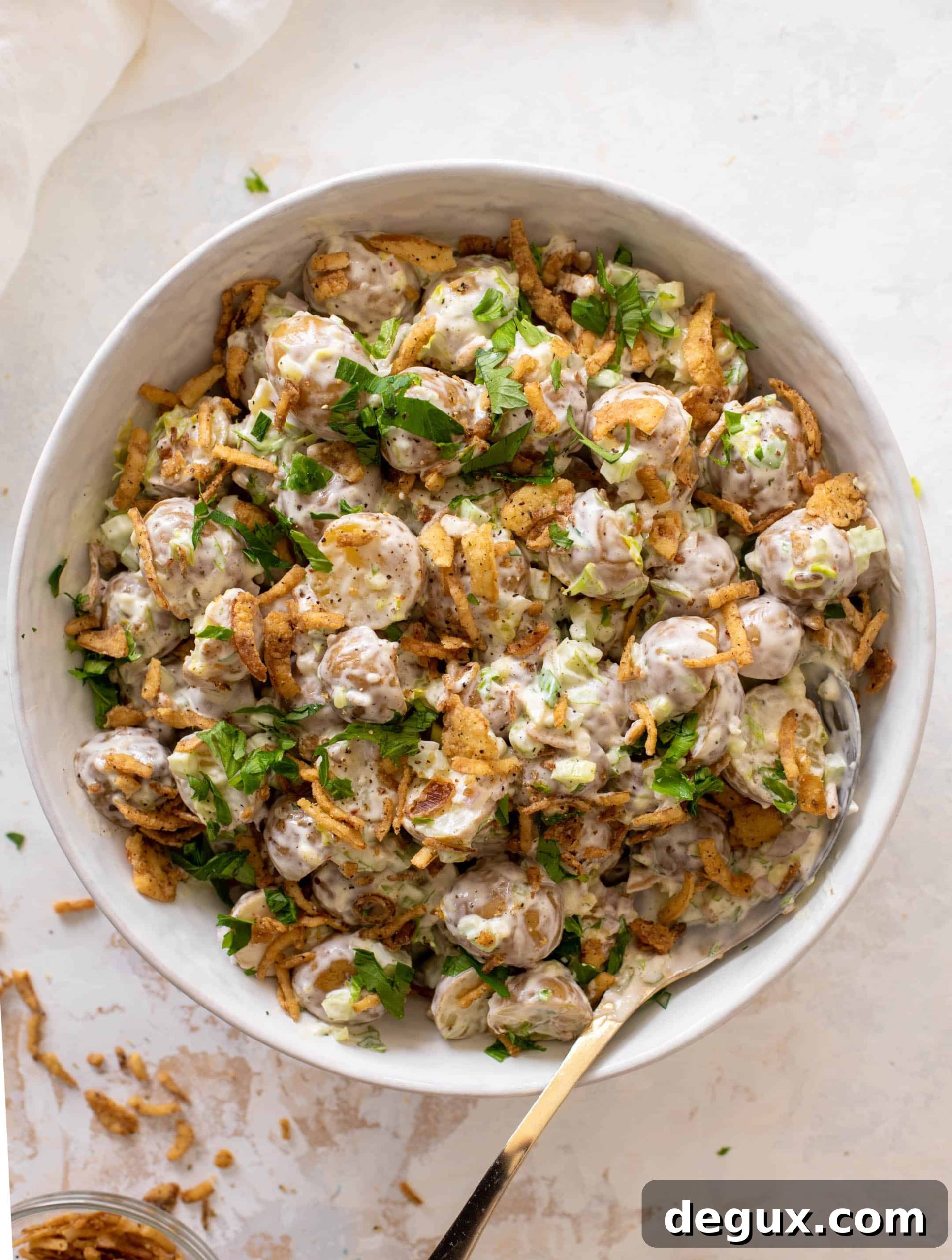 potato salad with crispy shallots