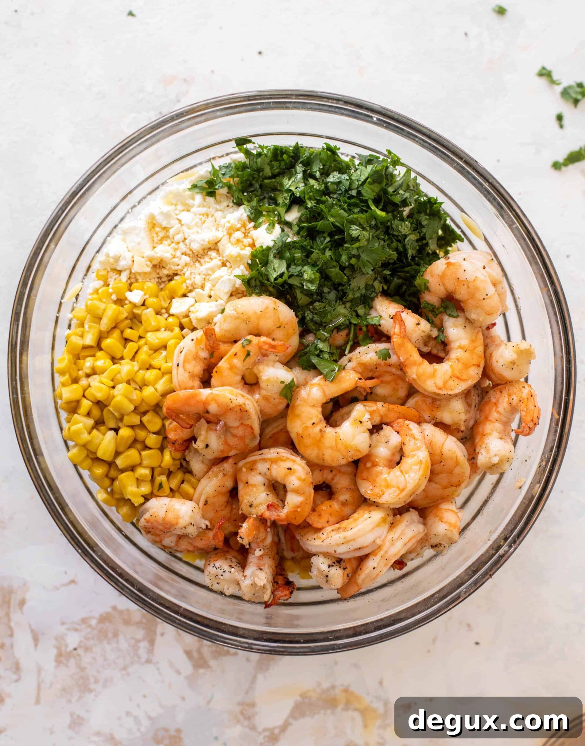 Grilled Shrimp with Corn and Feta Orzo Bowl 4 grilled shrimp, corn & feta orzo