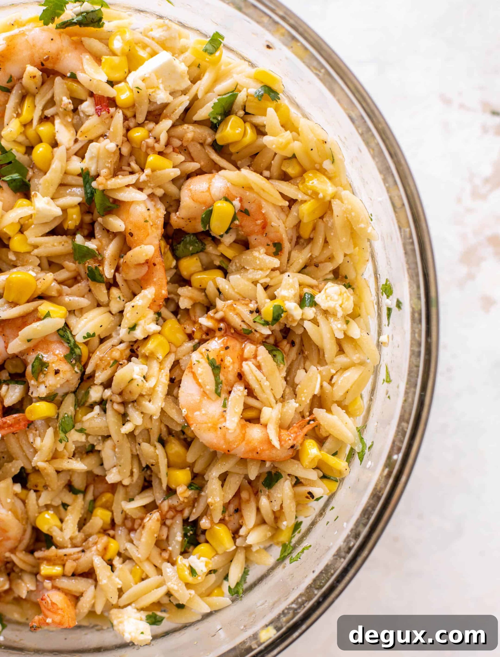 Grilled Shrimp with Corn and Feta Orzo Bowl 5 grilled shrimp, corn & feta orzo