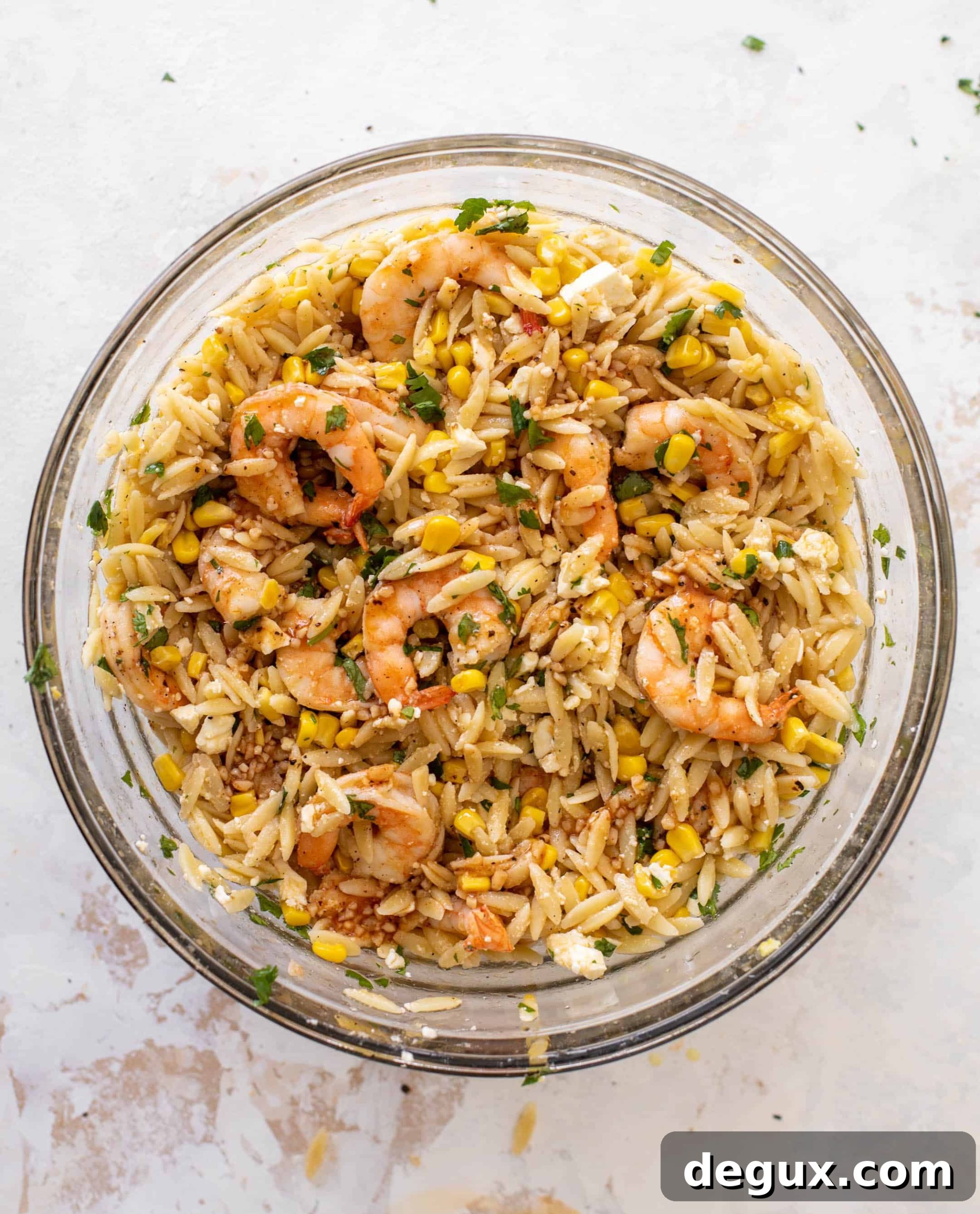 Grilled Shrimp with Corn and Feta Orzo Bowl 6 grilled shrimp, corn & feta orzo