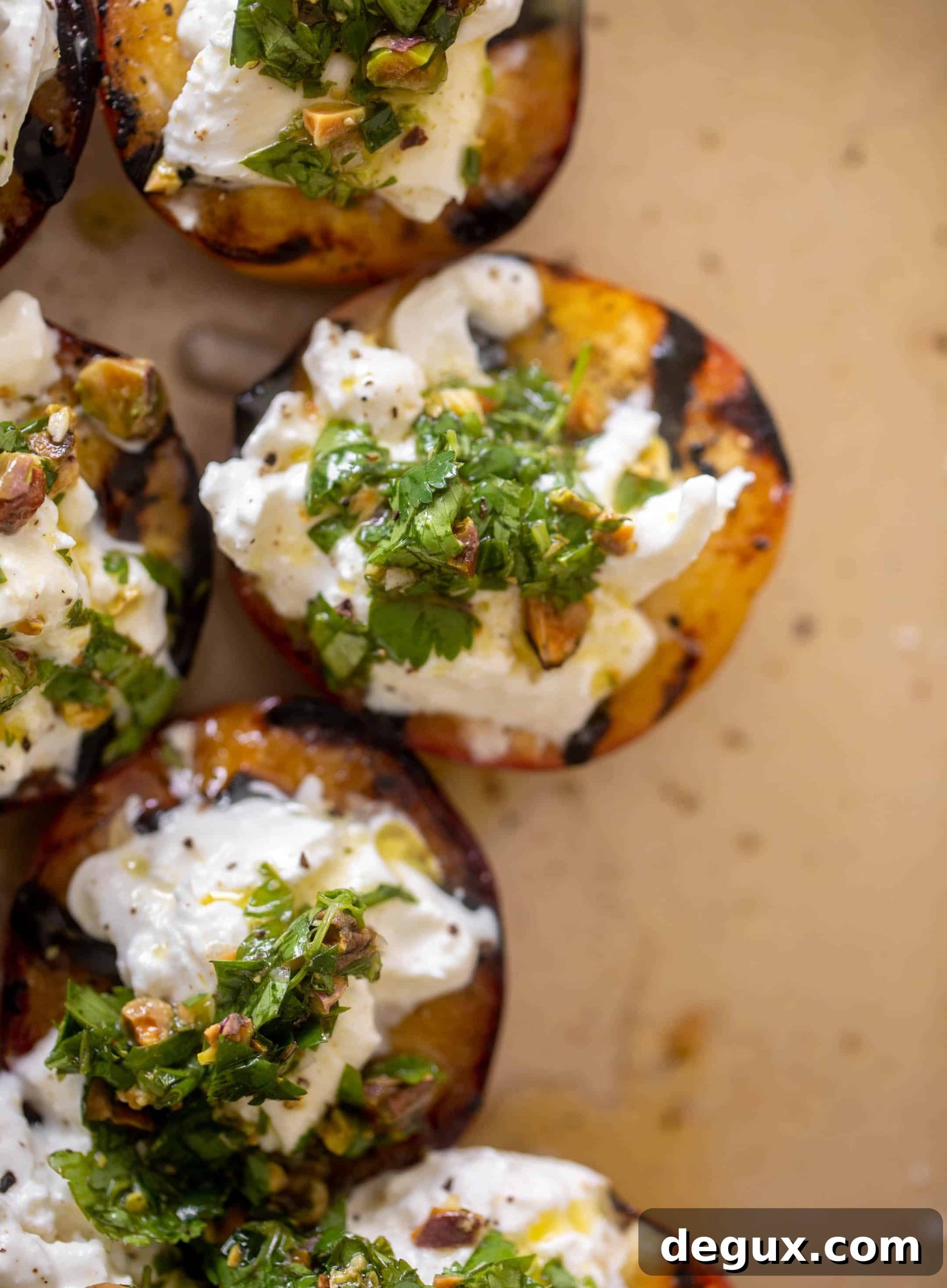 grilled peaches with burrata and pistachio vinaigrette