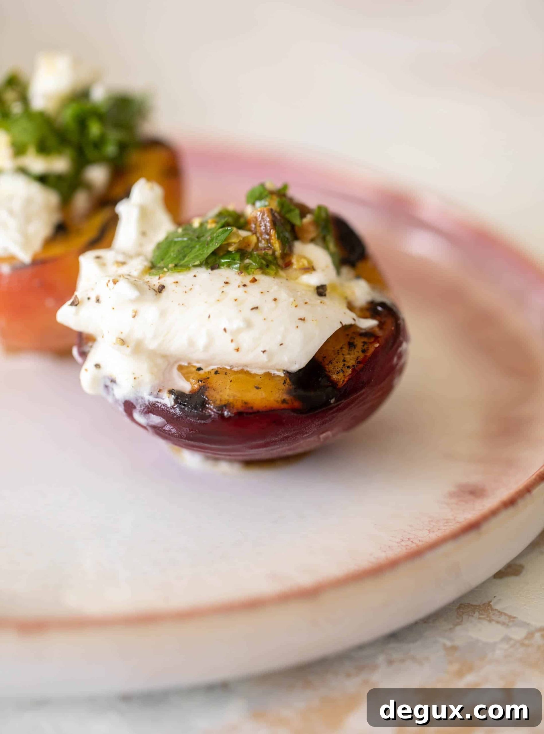 Grilled Peaches with Burrata and Pistachio-Herb Vinaigrette 5 grilled peaches with burrata and pistachio vinaigrette