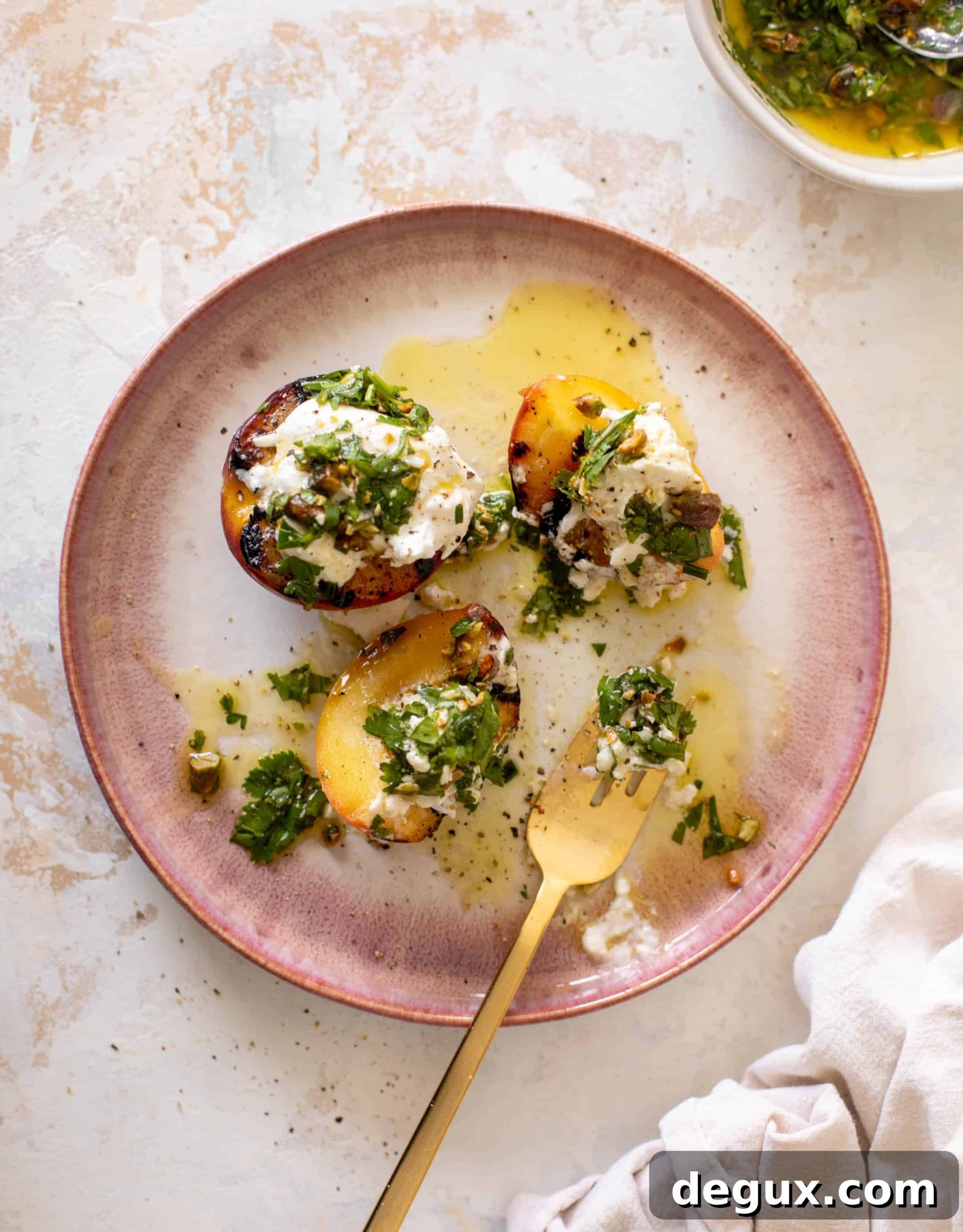 grilled peaches with burrata and pistachio vinaigrette
