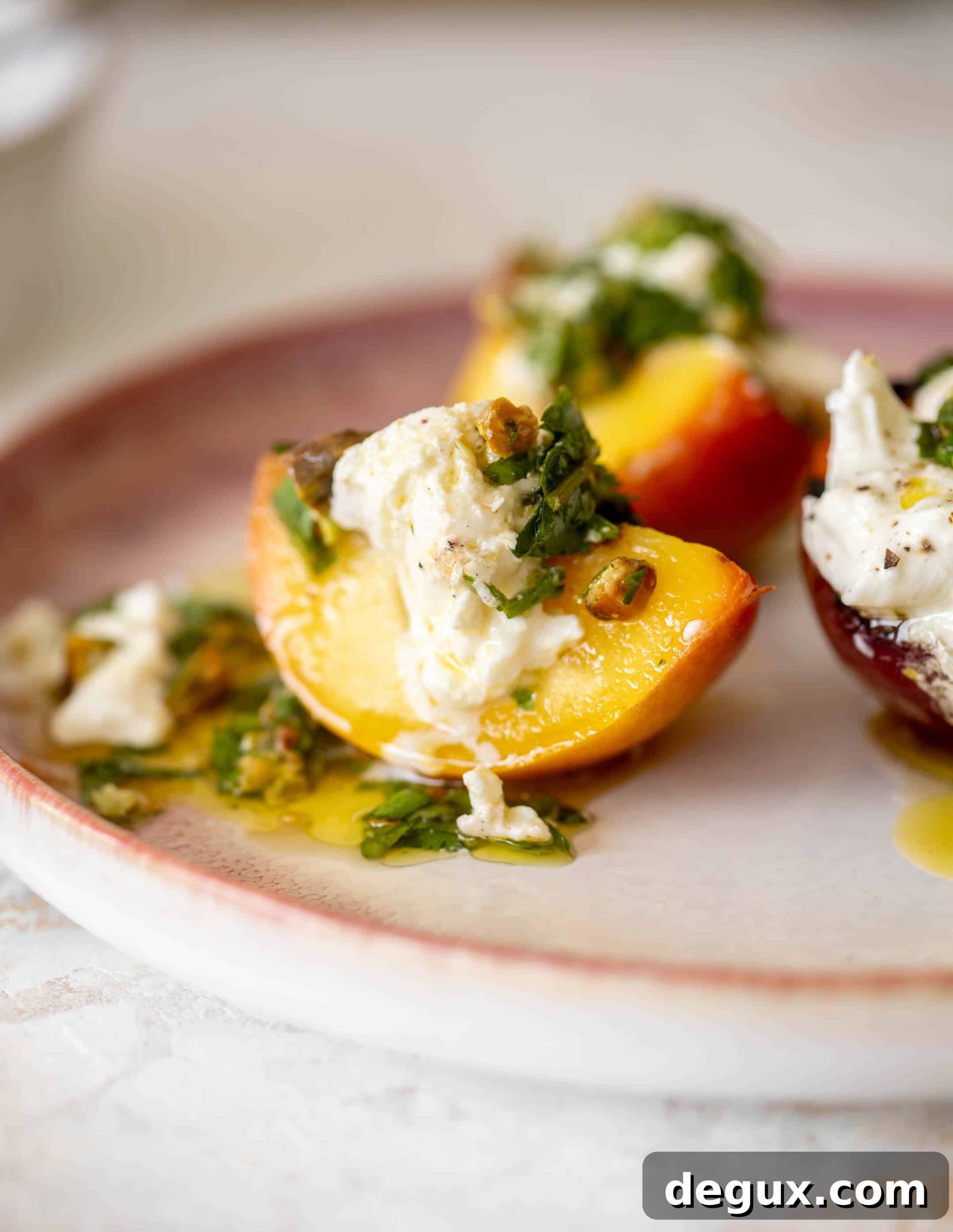 grilled peaches with burrata and pistachio vinaigrette