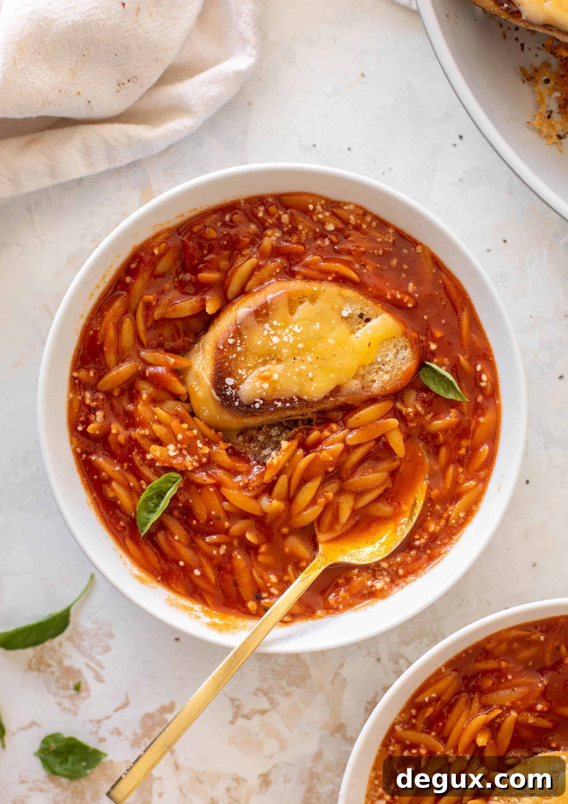 tomato orzo soup with crunchy cheddar toasts