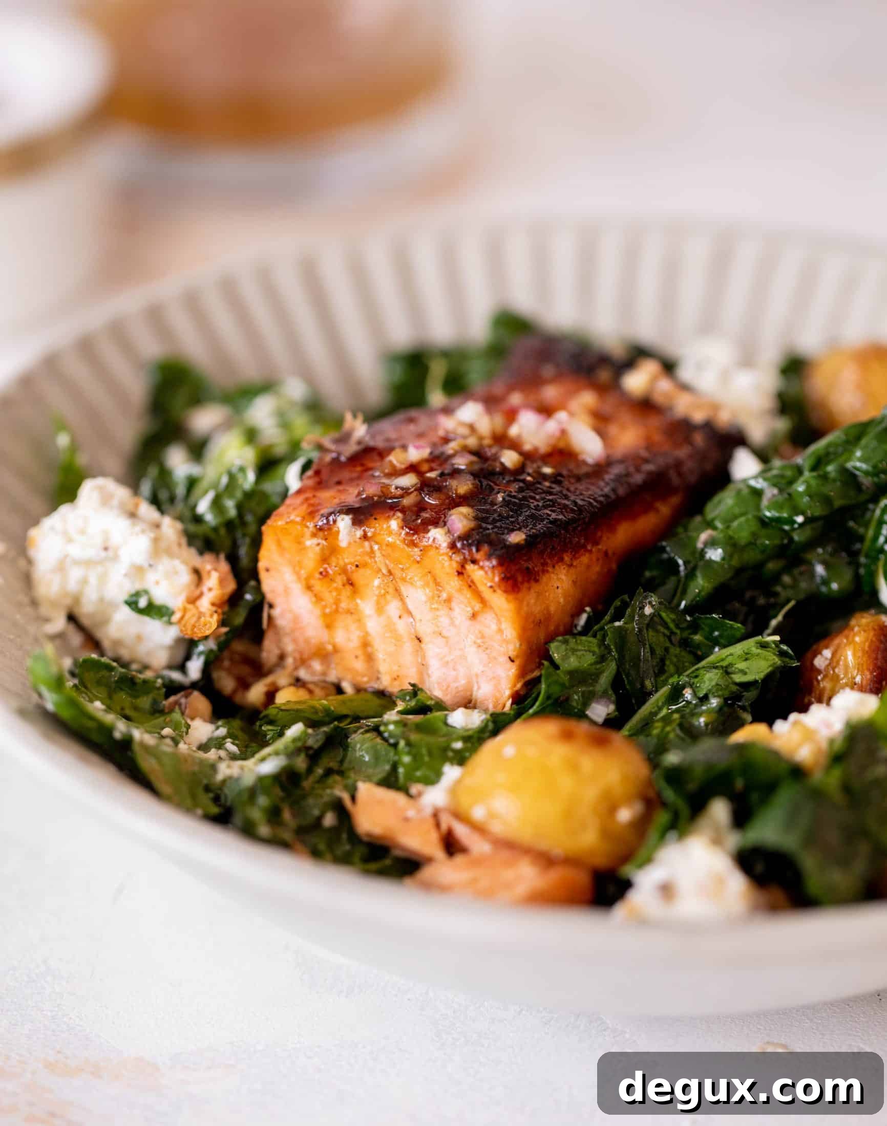 sticky cider salmon kale salad