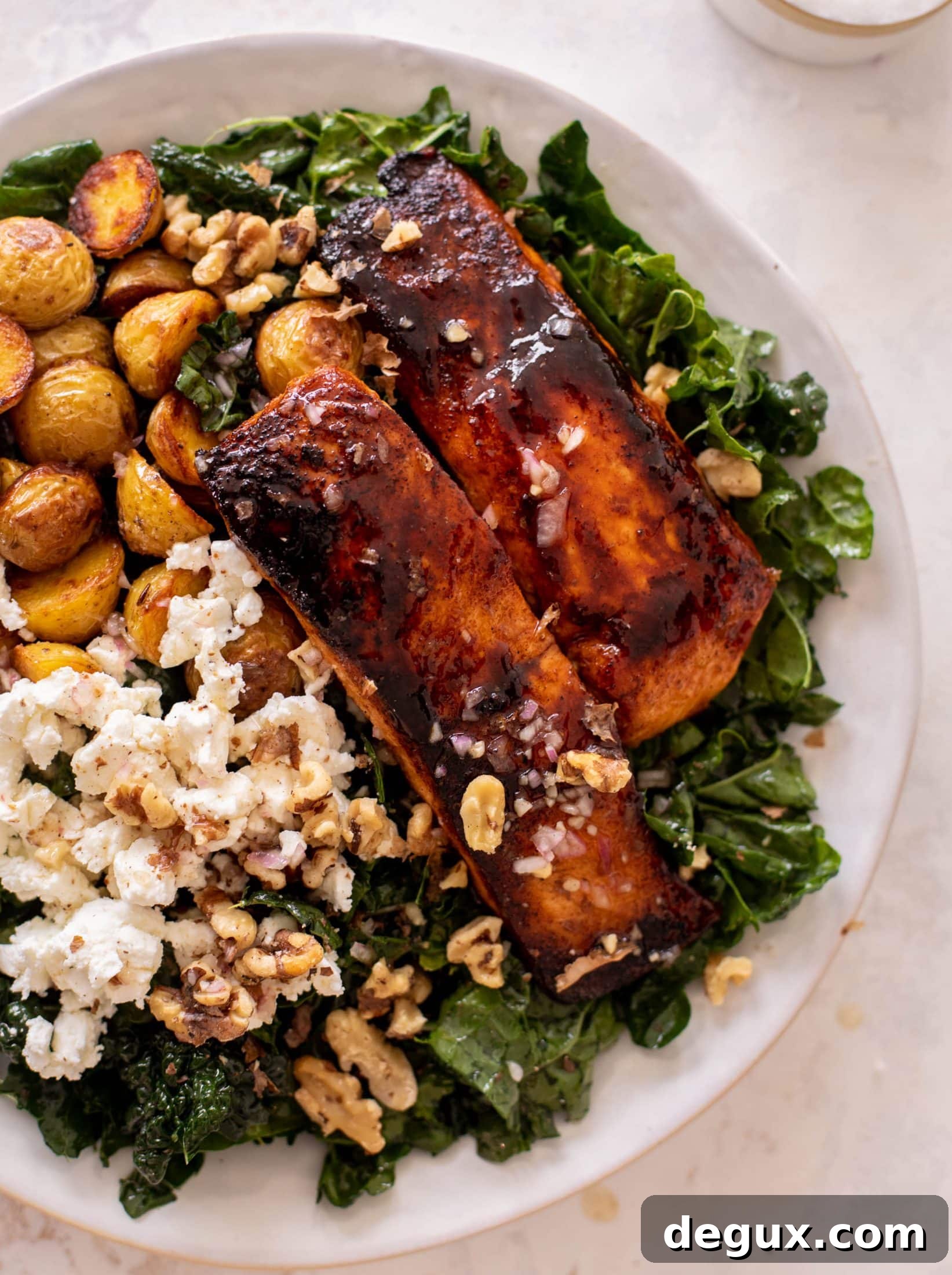 sticky cider salmon kale salad