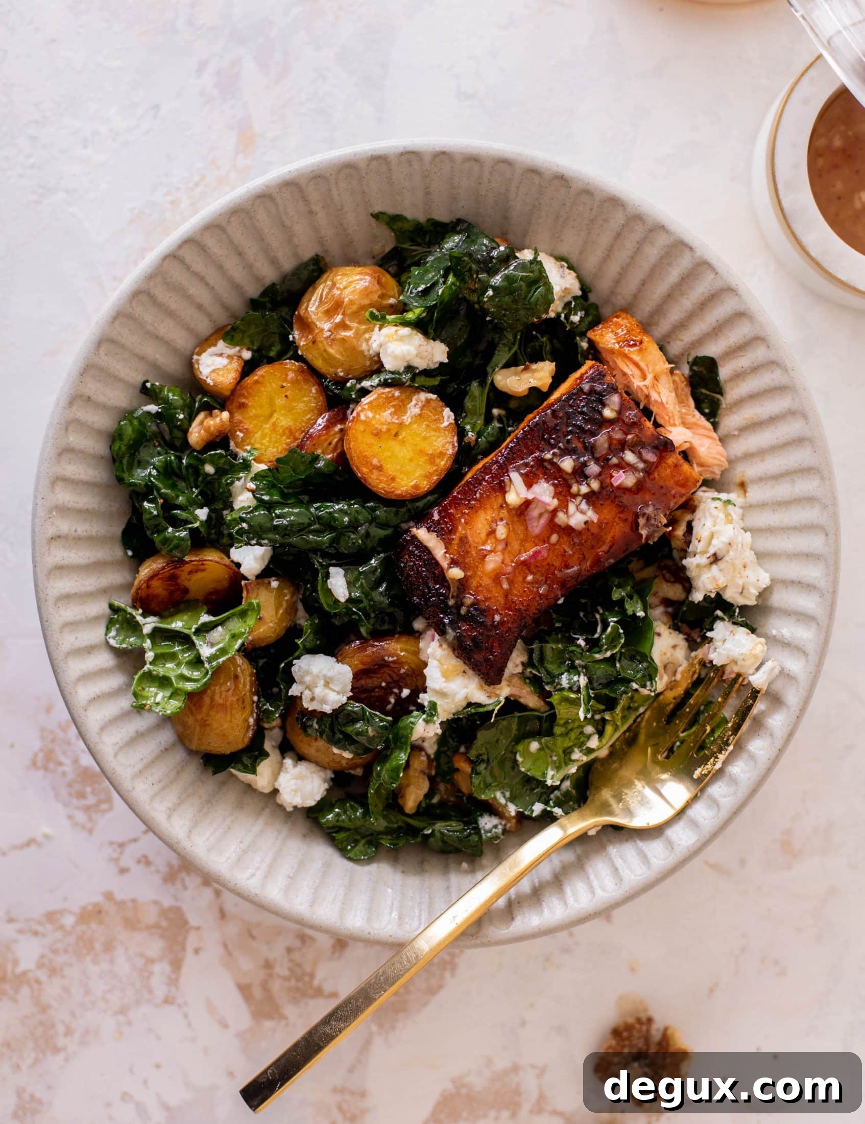 sticky cider salmon kale salad