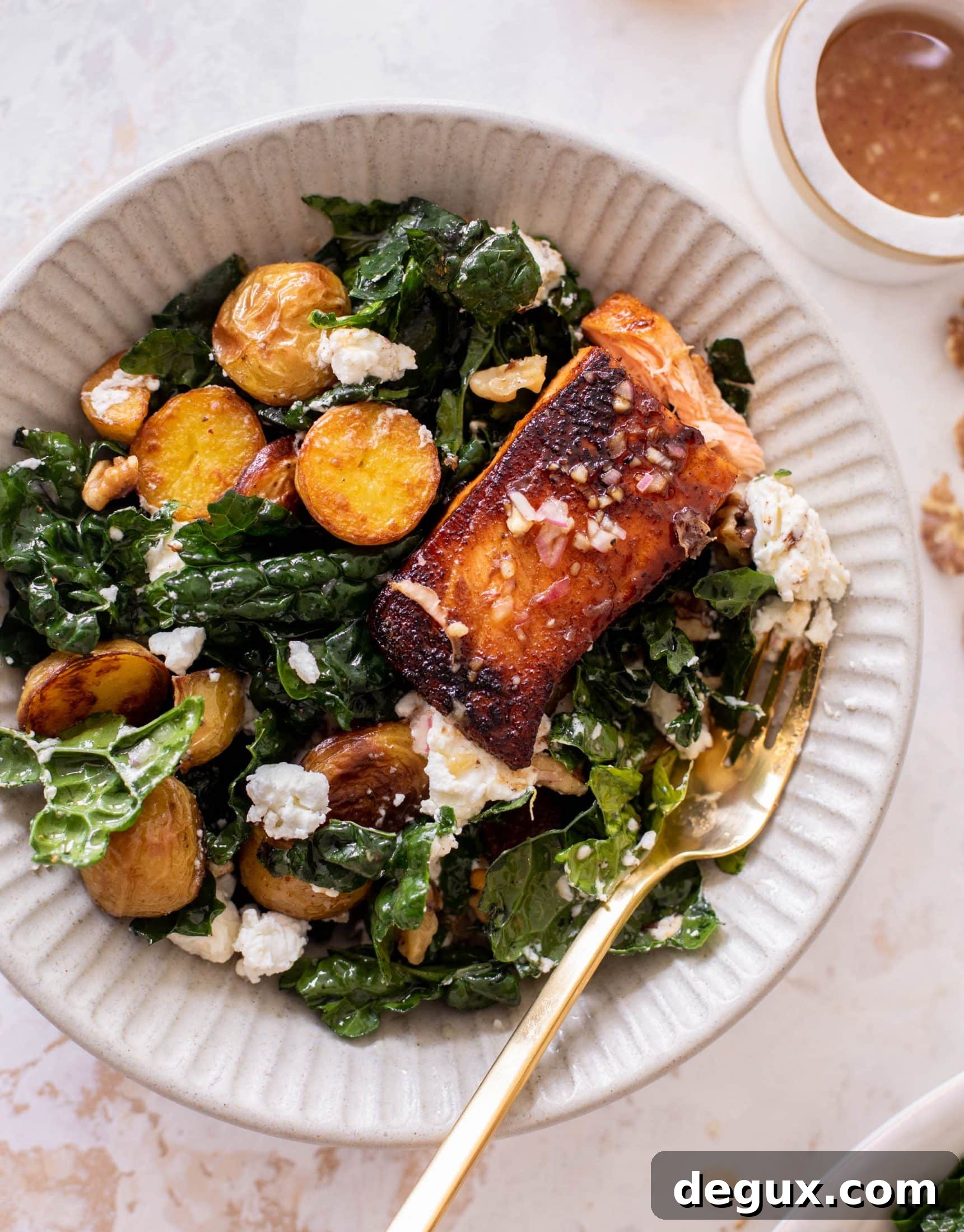 sticky cider salmon kale salad
