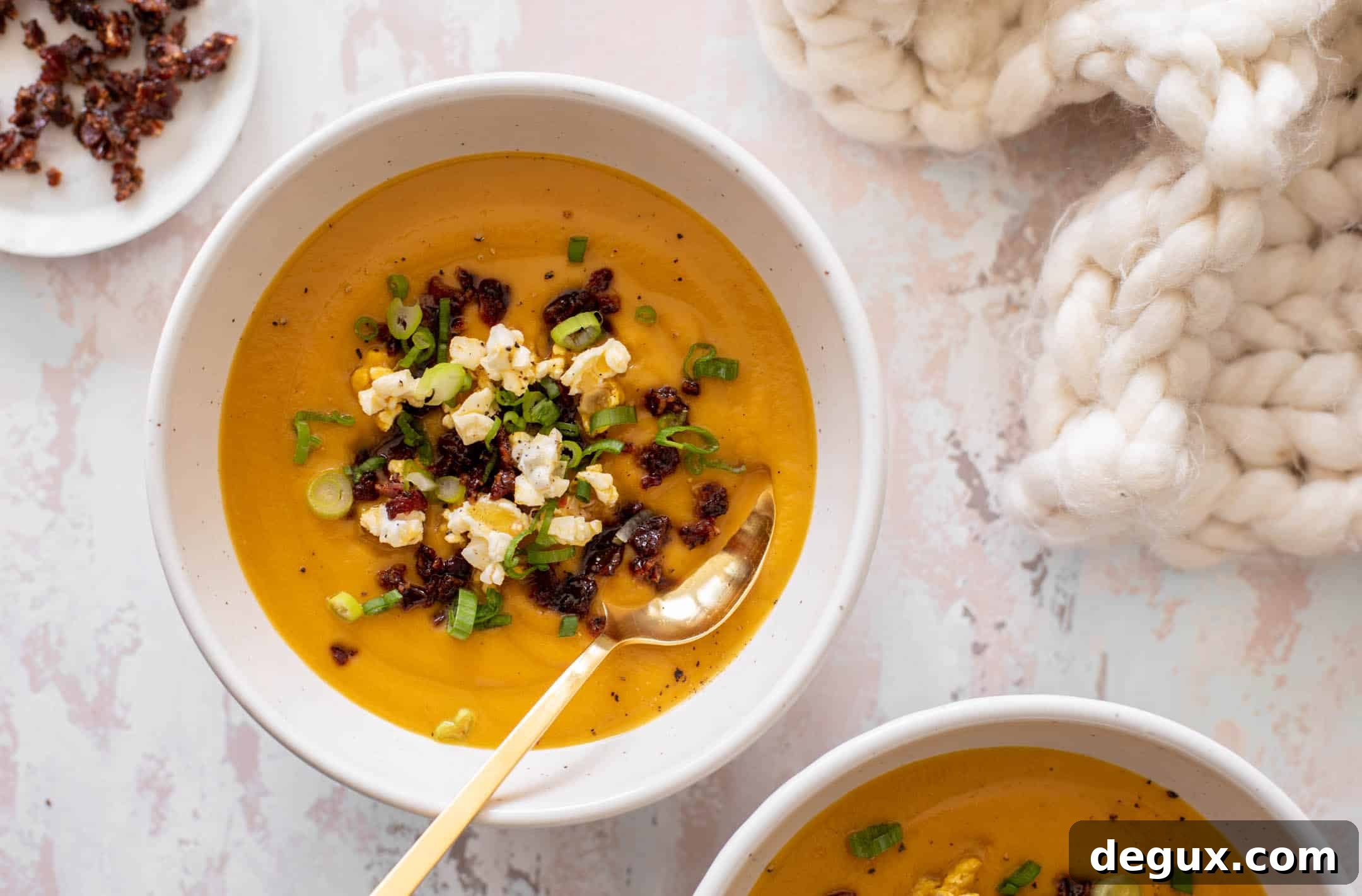 honeynut squash soup with buttered popcorn