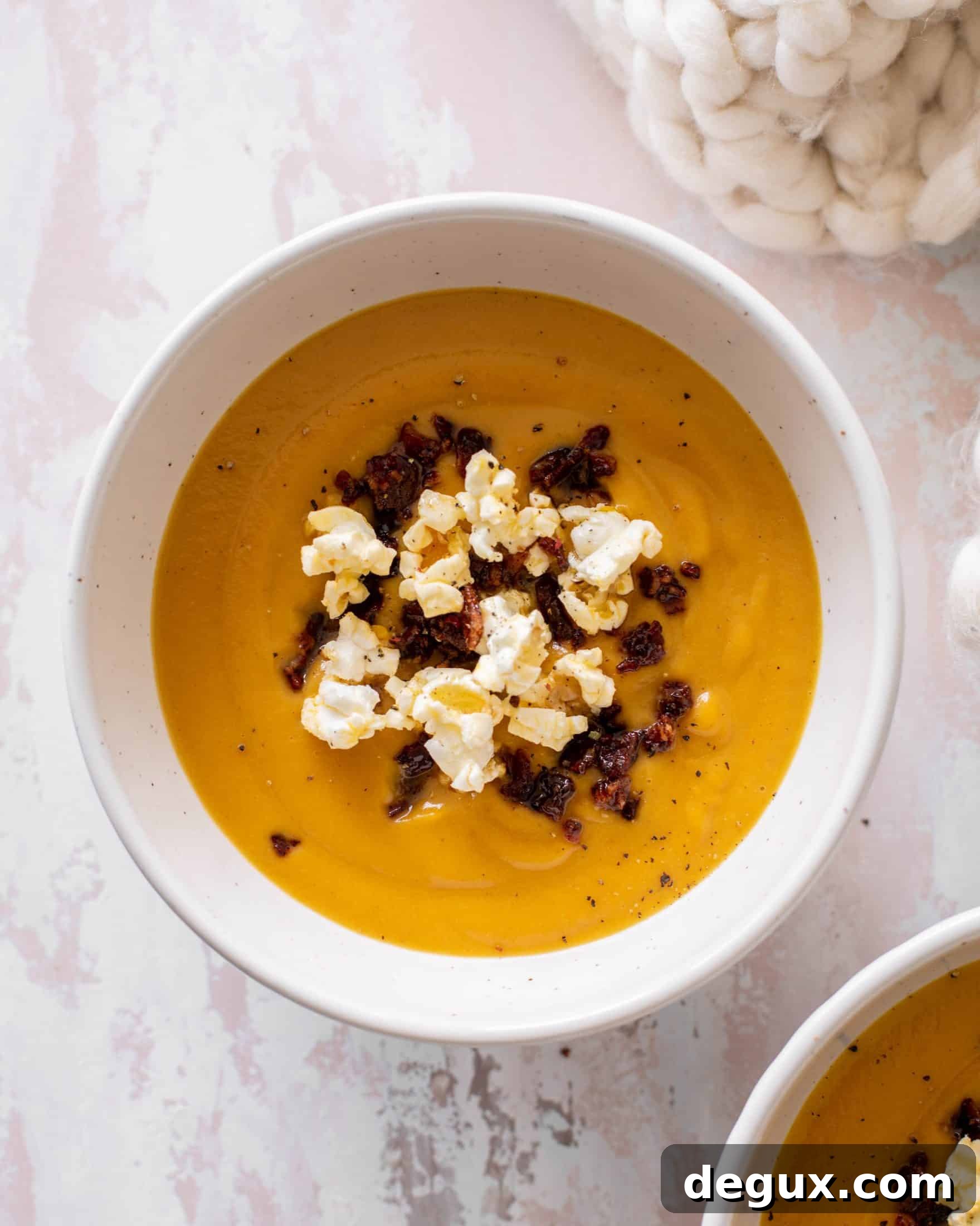 honeynut squash soup with buttered popcorn