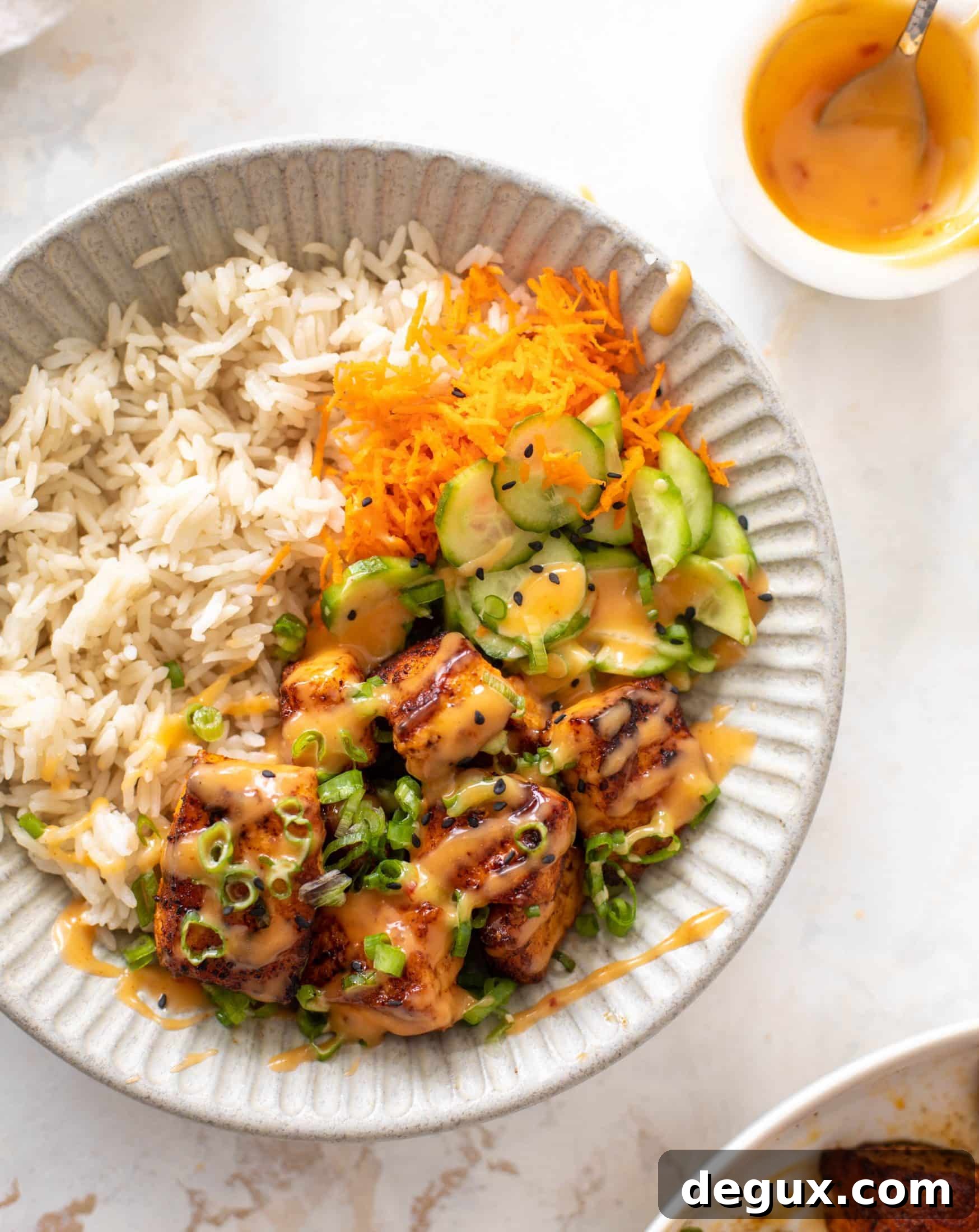 Bang Bang Salmon Rice Bowl Recipe: Spicy Creamy Salmon Bowl 10 bang bang salmon bowls
