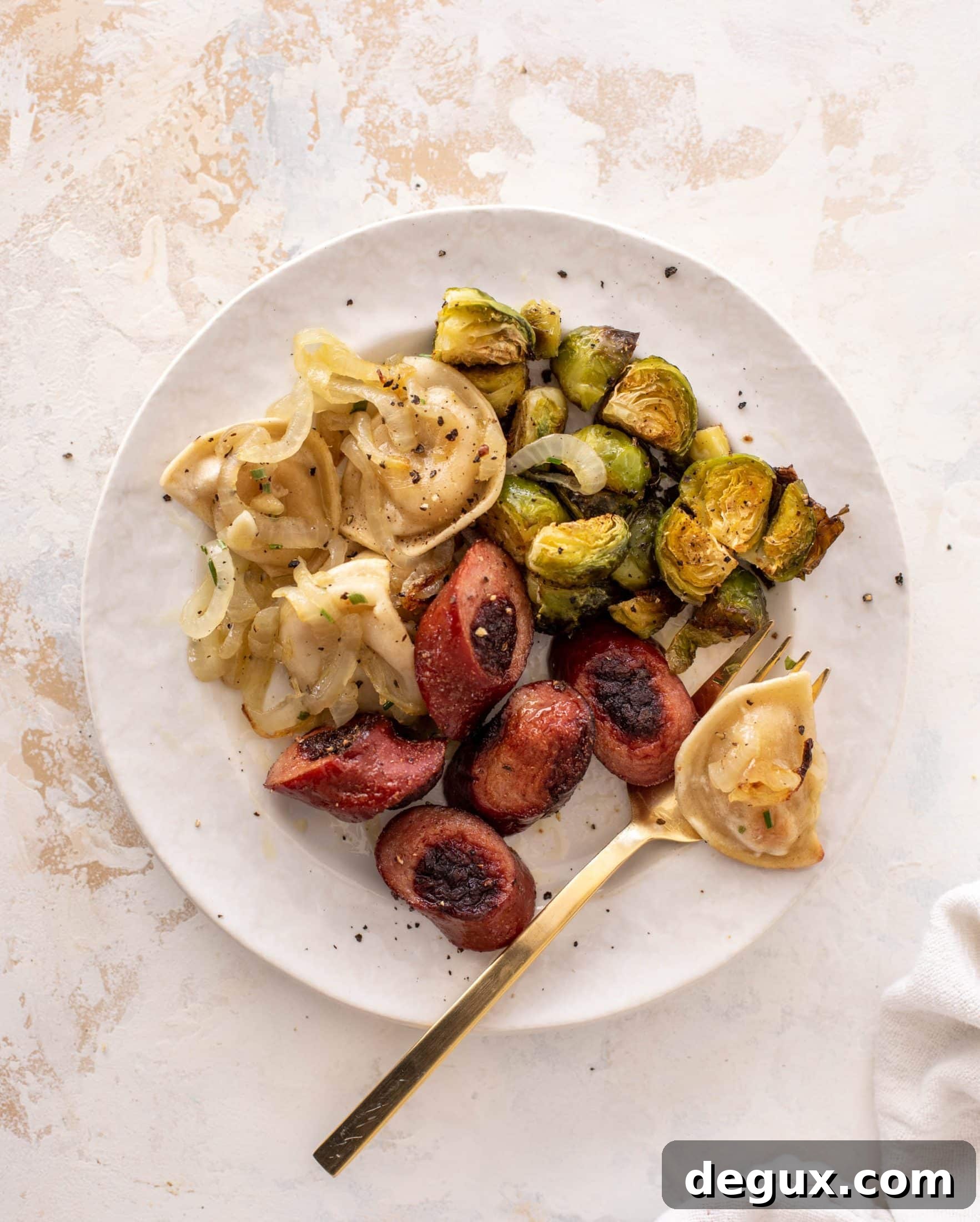 sheet pan pierogi, smoked sausage and brussels sprouts
