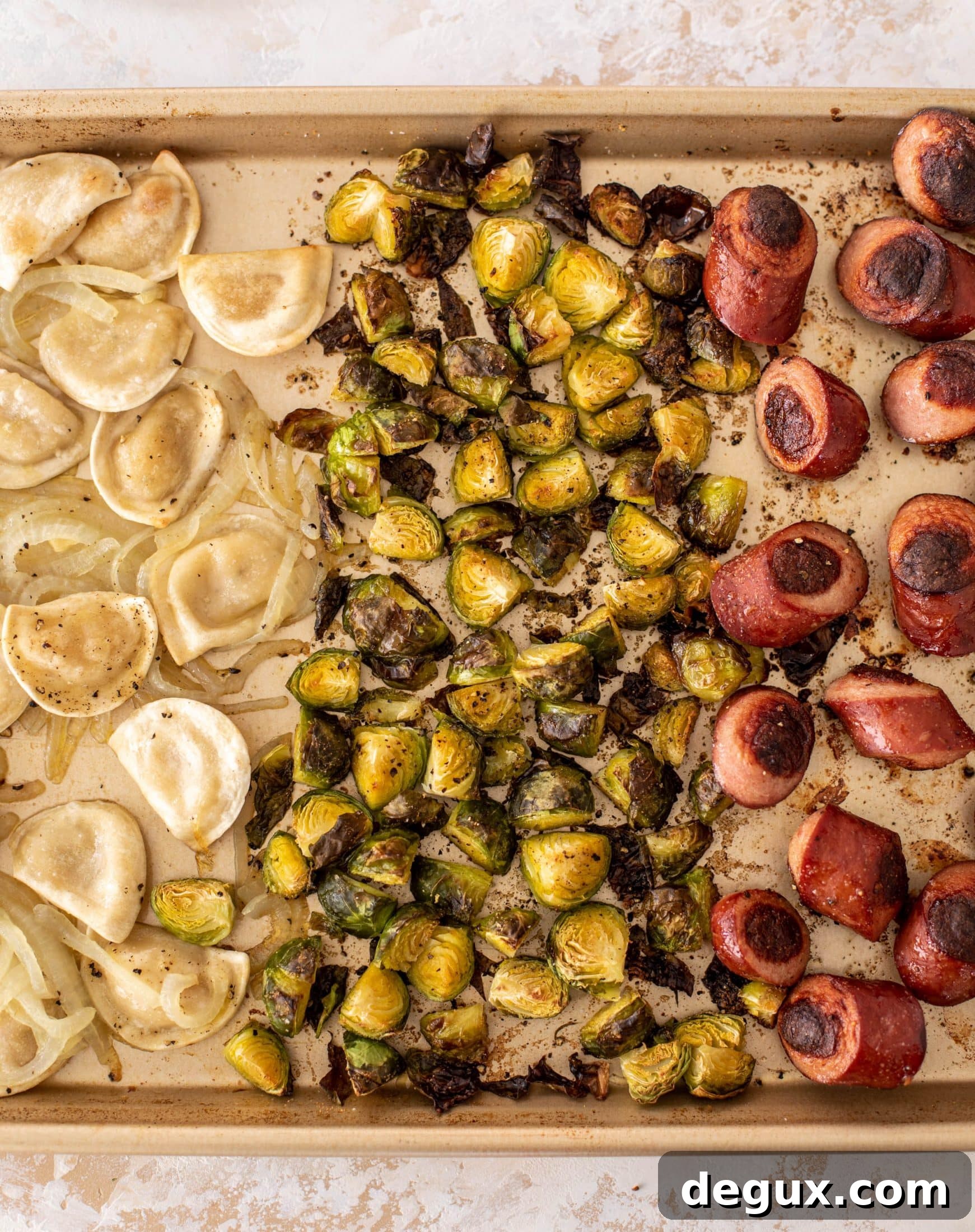 sheet pan pierogi, smoked sausage and brussels sprouts