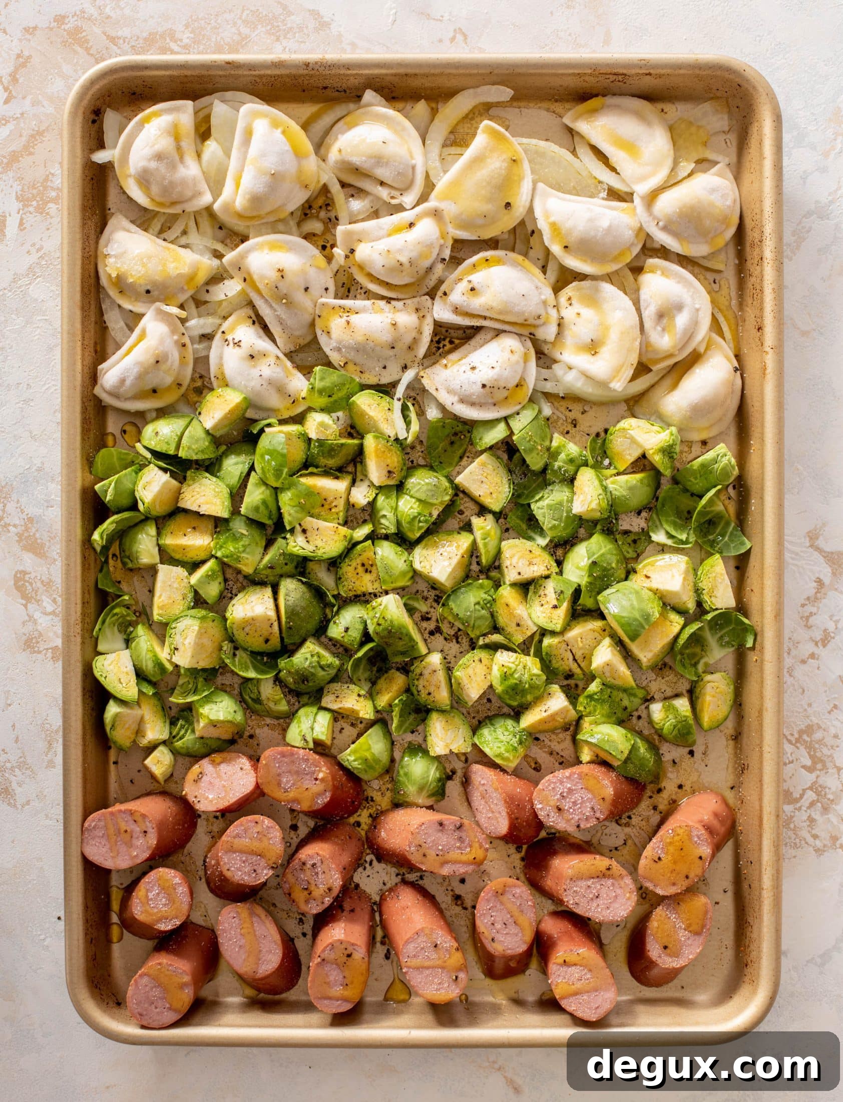 sheet pan pierogi, smoked sausage and brussels sprouts