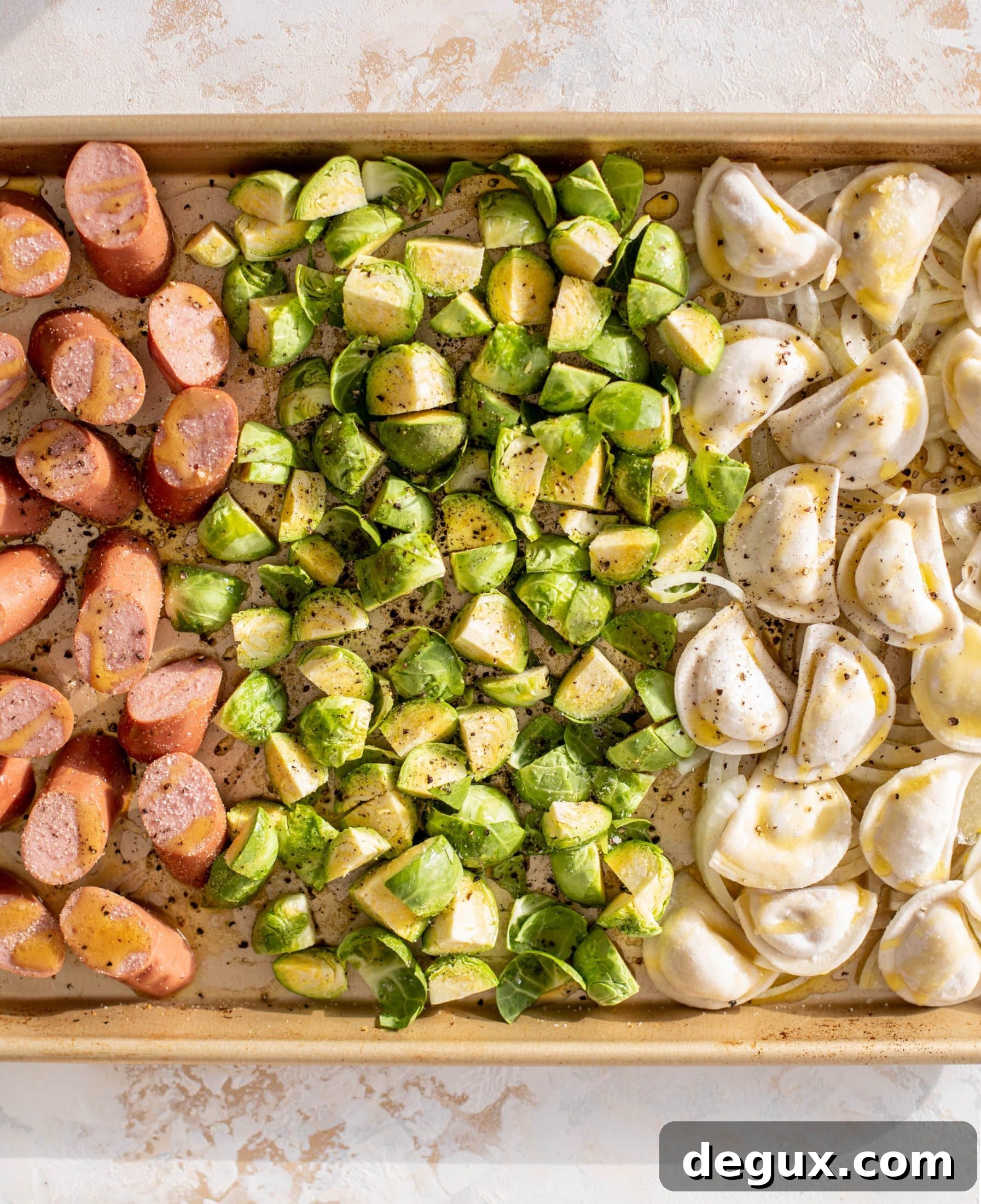 sheet pan pierogi, smoked sausage and brussels sprouts
