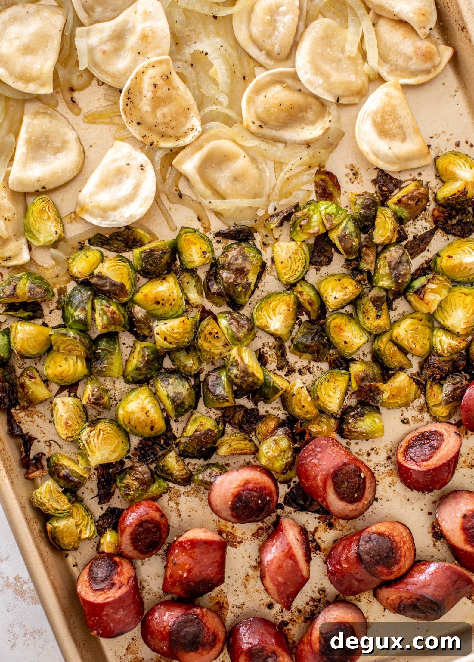 sheet pan pierogi, smoked sausage and brussels sprouts