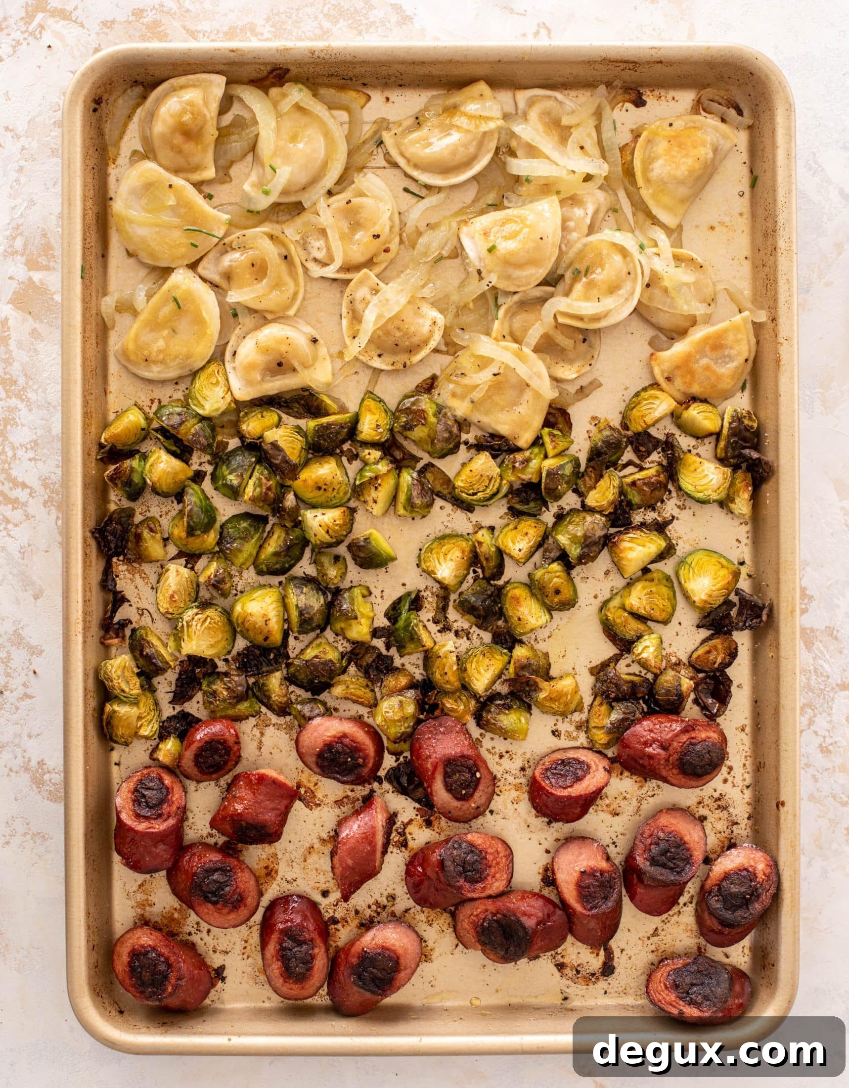 sheet pan pierogi, smoked sausage and brussels sprouts