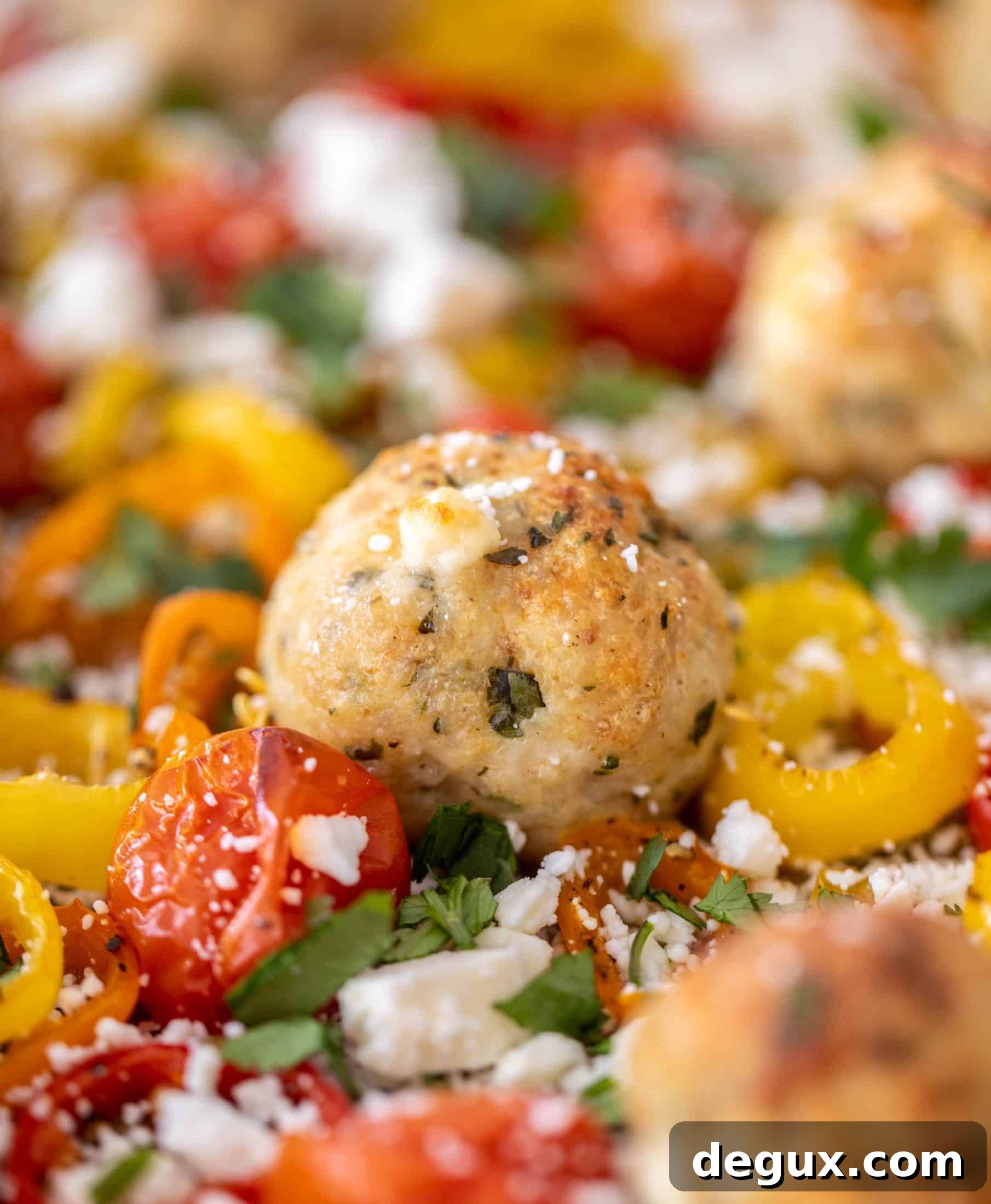 sheet pan chicken meatballs with tomatoes and feta