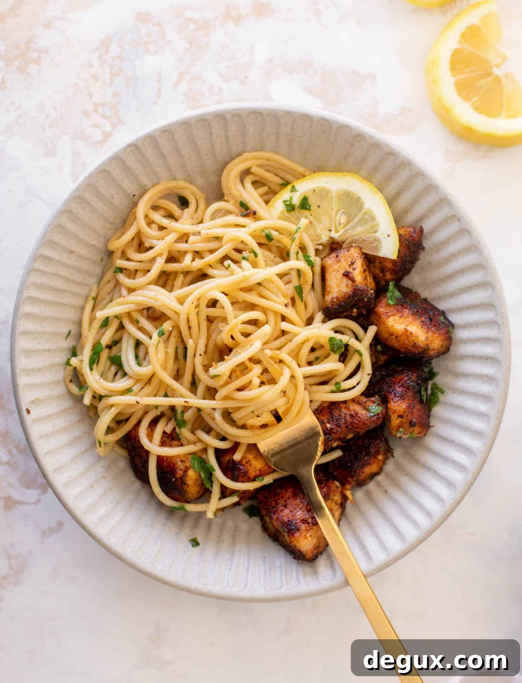 crispy lemon chicken bites and spaghetti