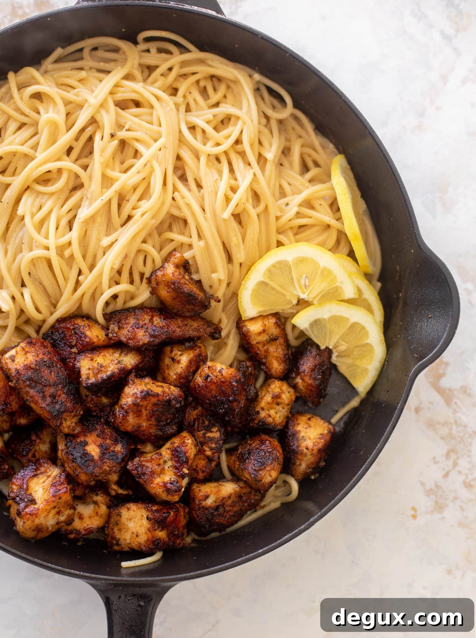 crispy lemon chicken bites and spaghetti