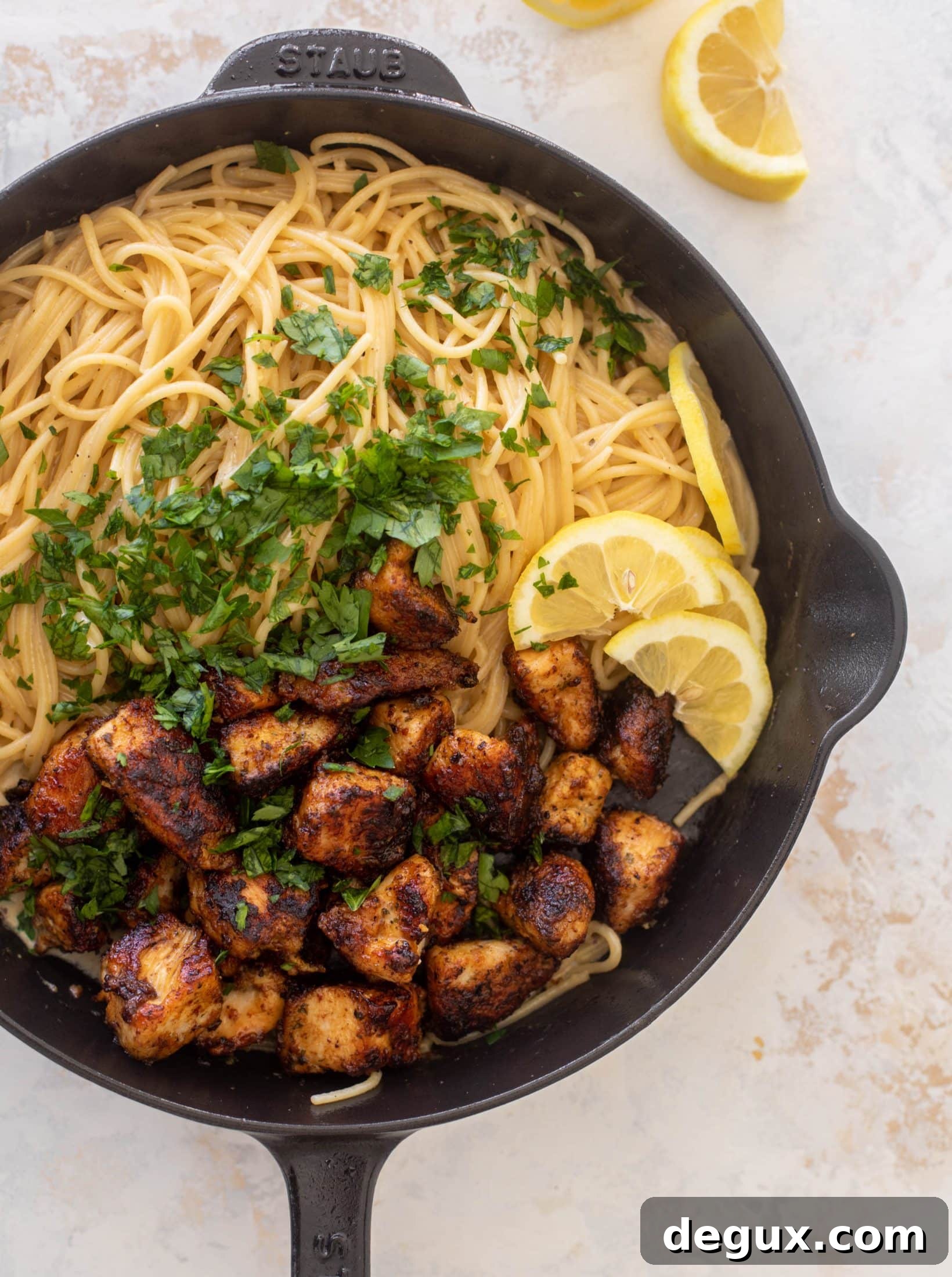crispy lemon chicken bites and spaghetti